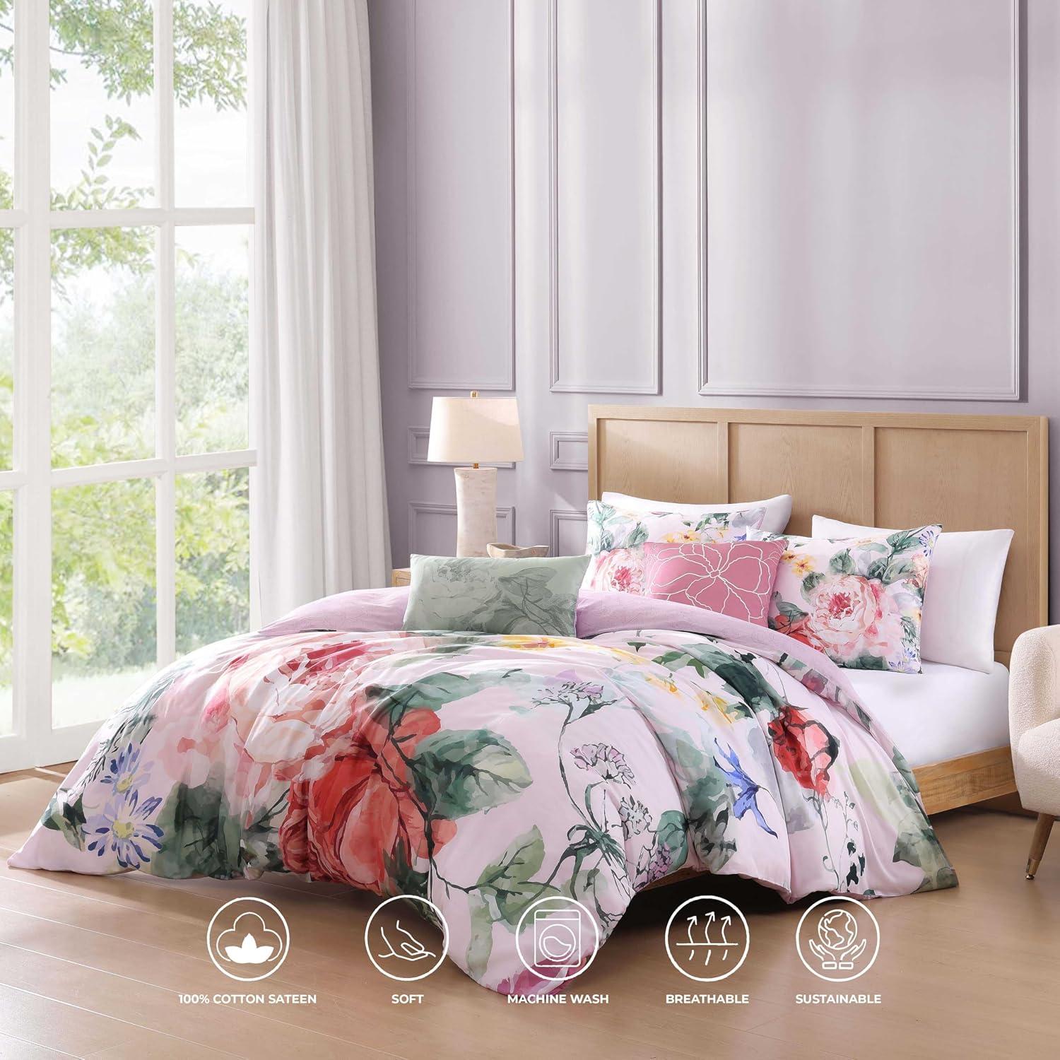 BeBeJan Bebejan Cool Pink Roses 200 Thread Count 100% Cotton Sateen 5-Piece Reversible Comforter Set
