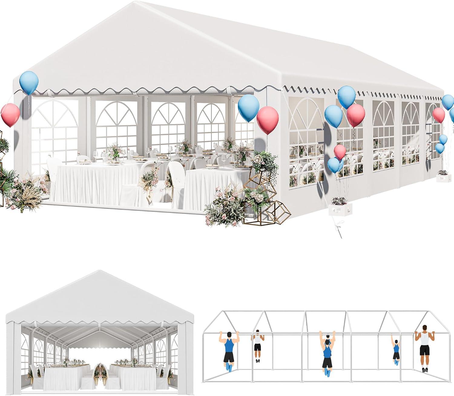Dextrus 16x32FT Party Tent Heavy Duty PVC Wedding Event Shelters White Upgraded Galvanized Ripple Canopy with Large Roof Removable Sidewalls & 3 Storage Bags 600D Oxford Commercial