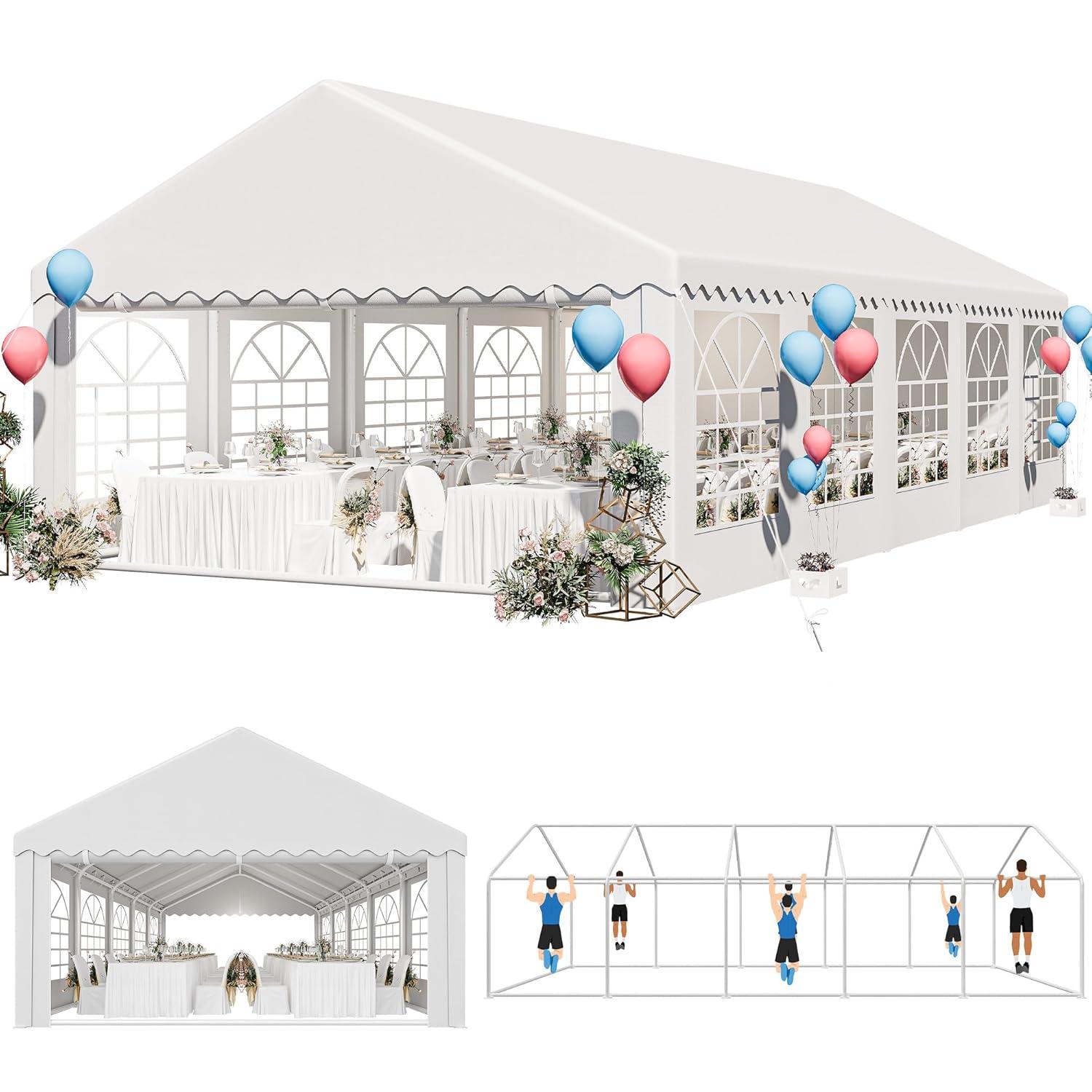 Dextrus 16x32FT Party Tent Heavy Duty PVC Wedding Event Shelters White Upgraded Galvanized Ripple Canopy with Large Roof Removable Sidewalls & 3 Storage Bags 600D Oxford Commercial