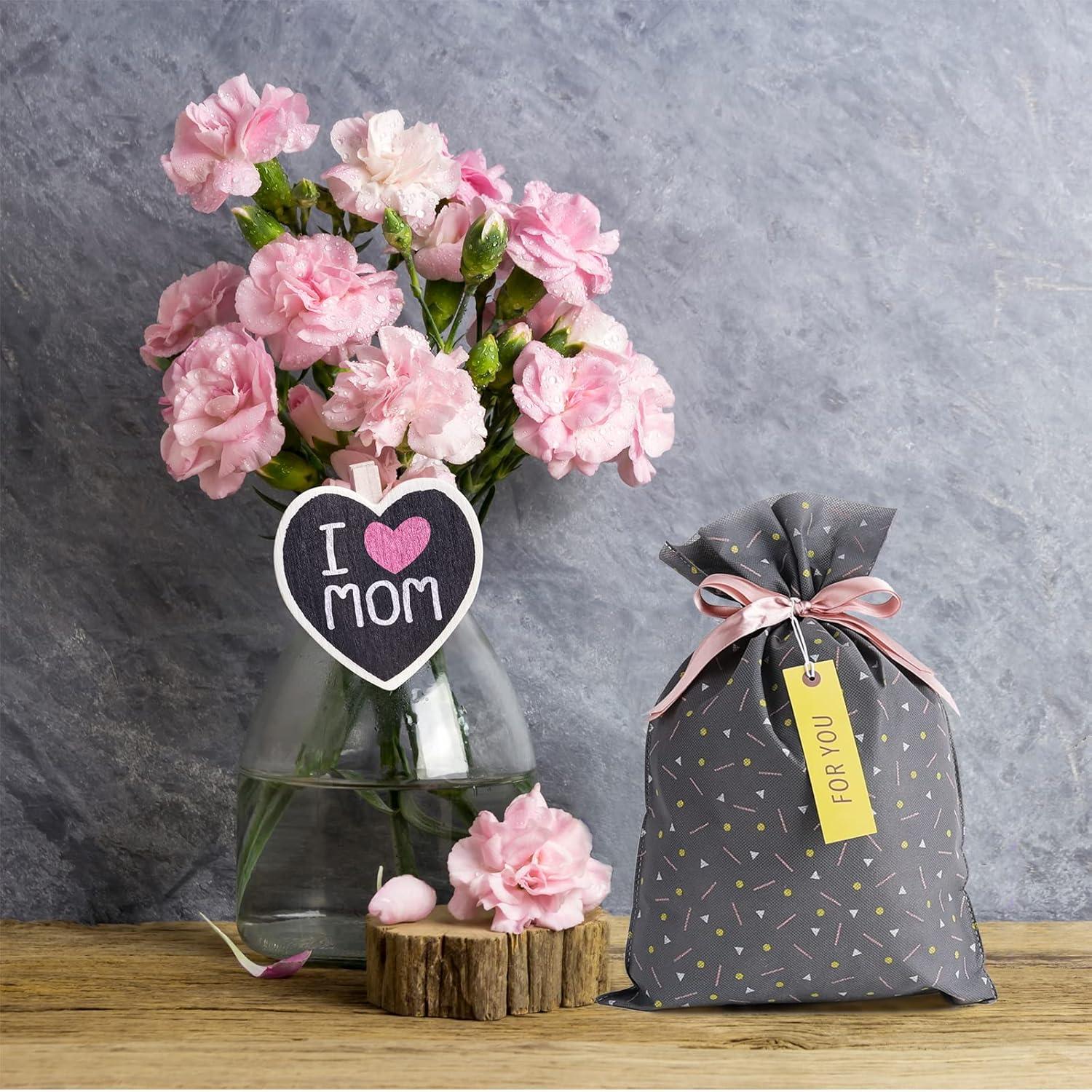 Yatinbos Fabric Gift Wrap Bags, Grey Reusable Cloth Gift Bags Sets of 6 with Drawstring and Tags for Christmas Holiday, Birthday, Wedding or Daily Gift, 12" x 18"