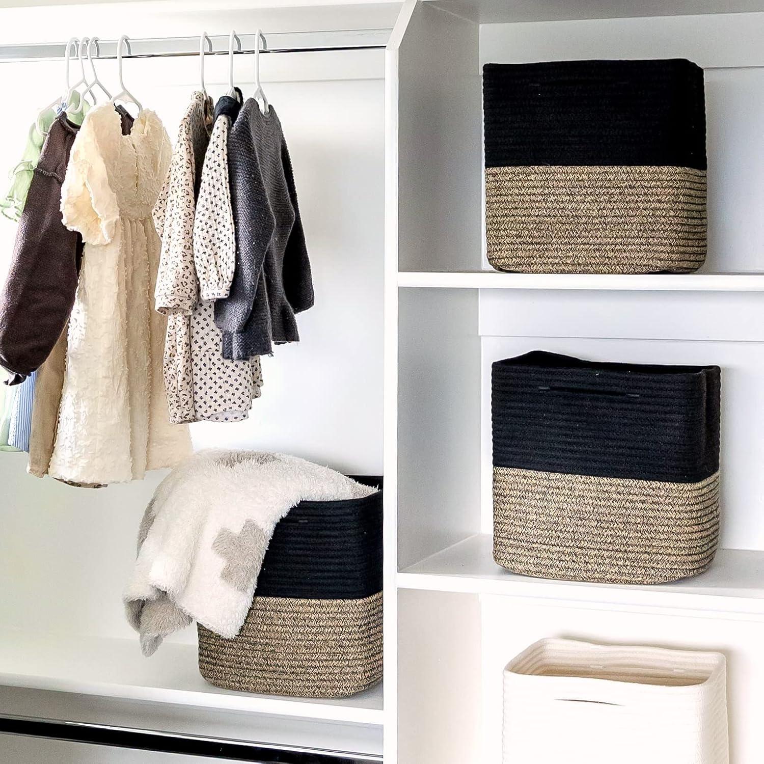 Storage Cube Baskets for Organizing-3 Pack - 11 inch Square Baskets for Cube Storage Closet Storage Bins- Woven Cube Storage Bins for Shelves- Cube Drawer-Toy Storage |White & Black