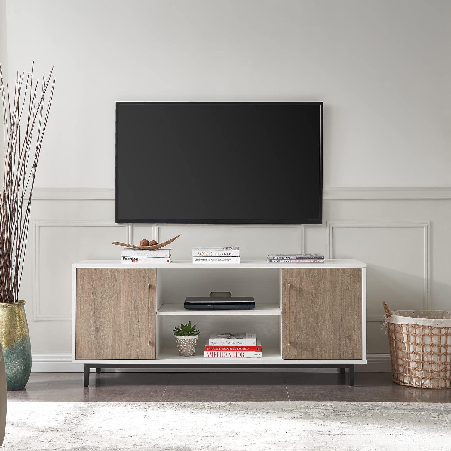 Evelyn&Zoe Julian Rectangular TV Stand for TV's up to 65", White/Antiqued Gray Oak