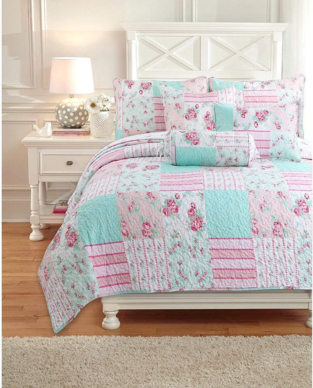 Pink and Turquoise Floral Reversible Twin Microfiber Quilt Set