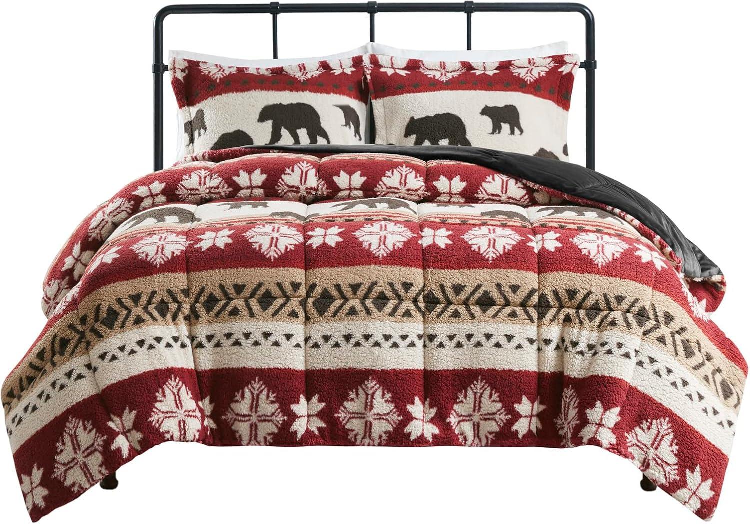 Woolrich Tunbridge Print Sherpa Comforter Set, Red/Black - King/Cal King