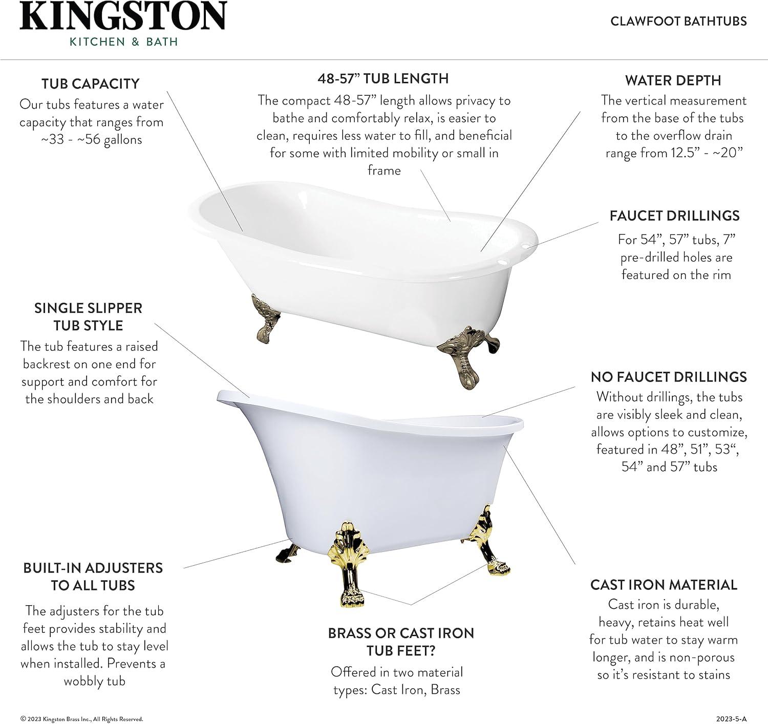 Kingston Brass Aqua Eden 53-Inch Cast Iron Oval Single Slipper Clawfoot Tub (No Faucet Drillings)