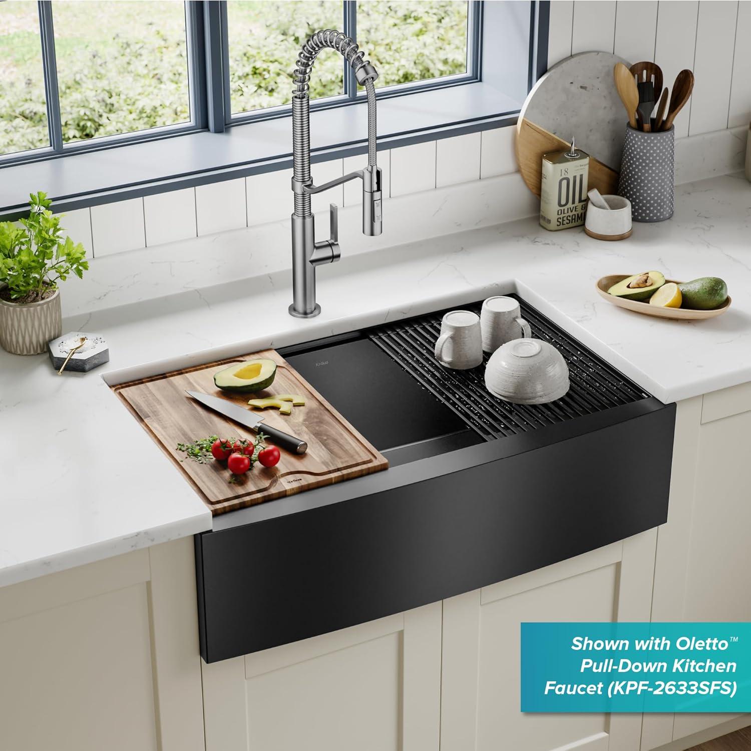 KRAUS Kore™ Workstation Farmhouse Apron Front 16 Gauge Single Bowl Kitchen Sink