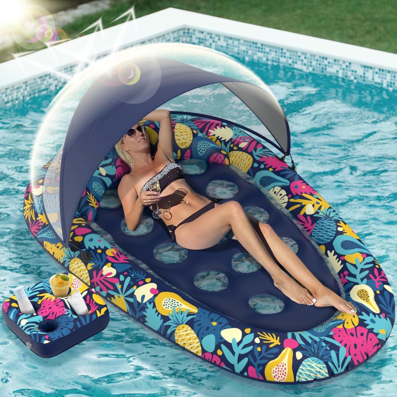 3-in-1 Pool Floats with Canopy Cup Holder, XL Large 73" x 48" Inflatable Pool Floats for Adults Lounger Raft Floating Chair for Swimming Pool Lake Water Lounge Float Beach Pool Party Toys