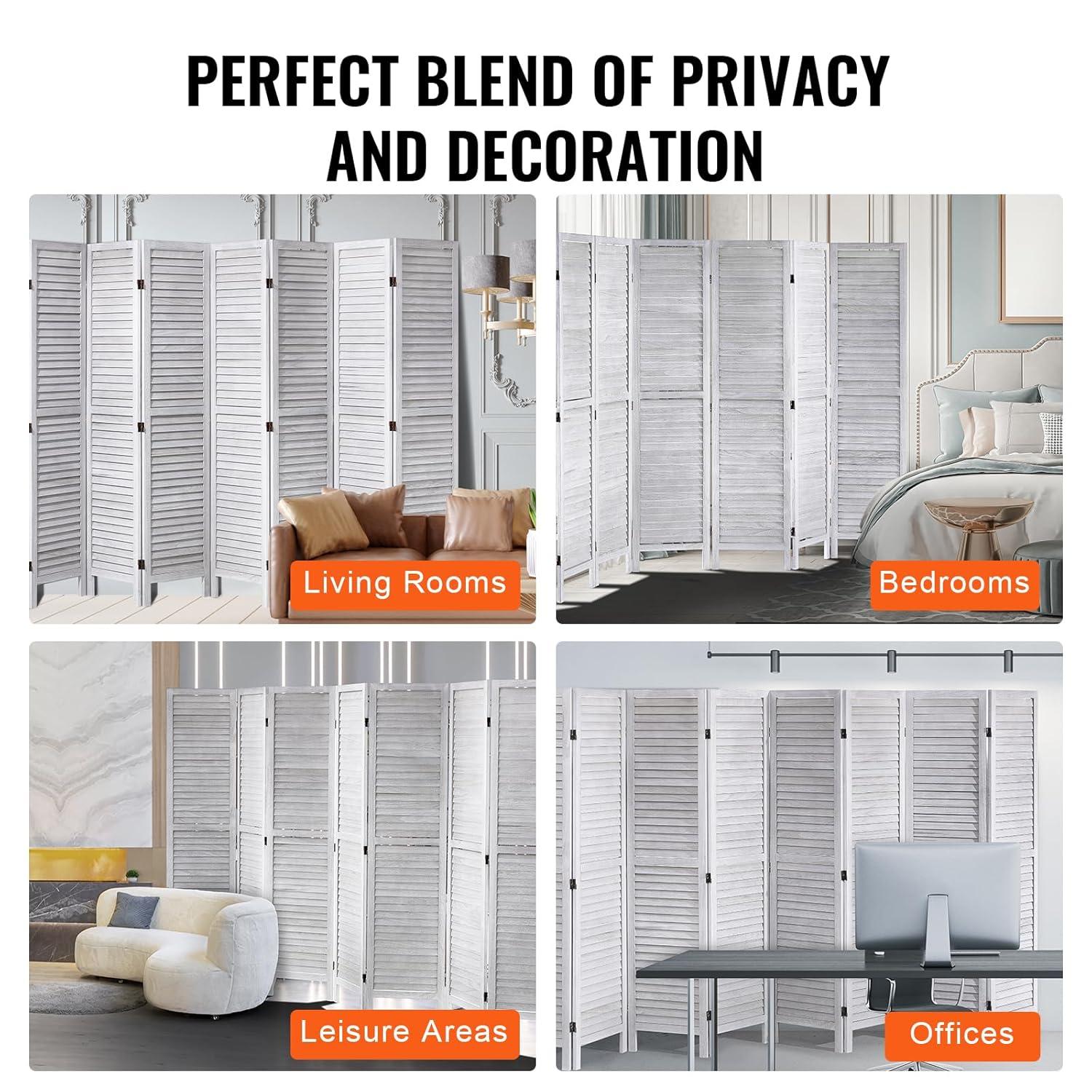 Wood Room Divider, 8 Panel Wood Folding Privacy Screen, 66.9 in. Tall Indoor Louvered Wooden Partition, Portable