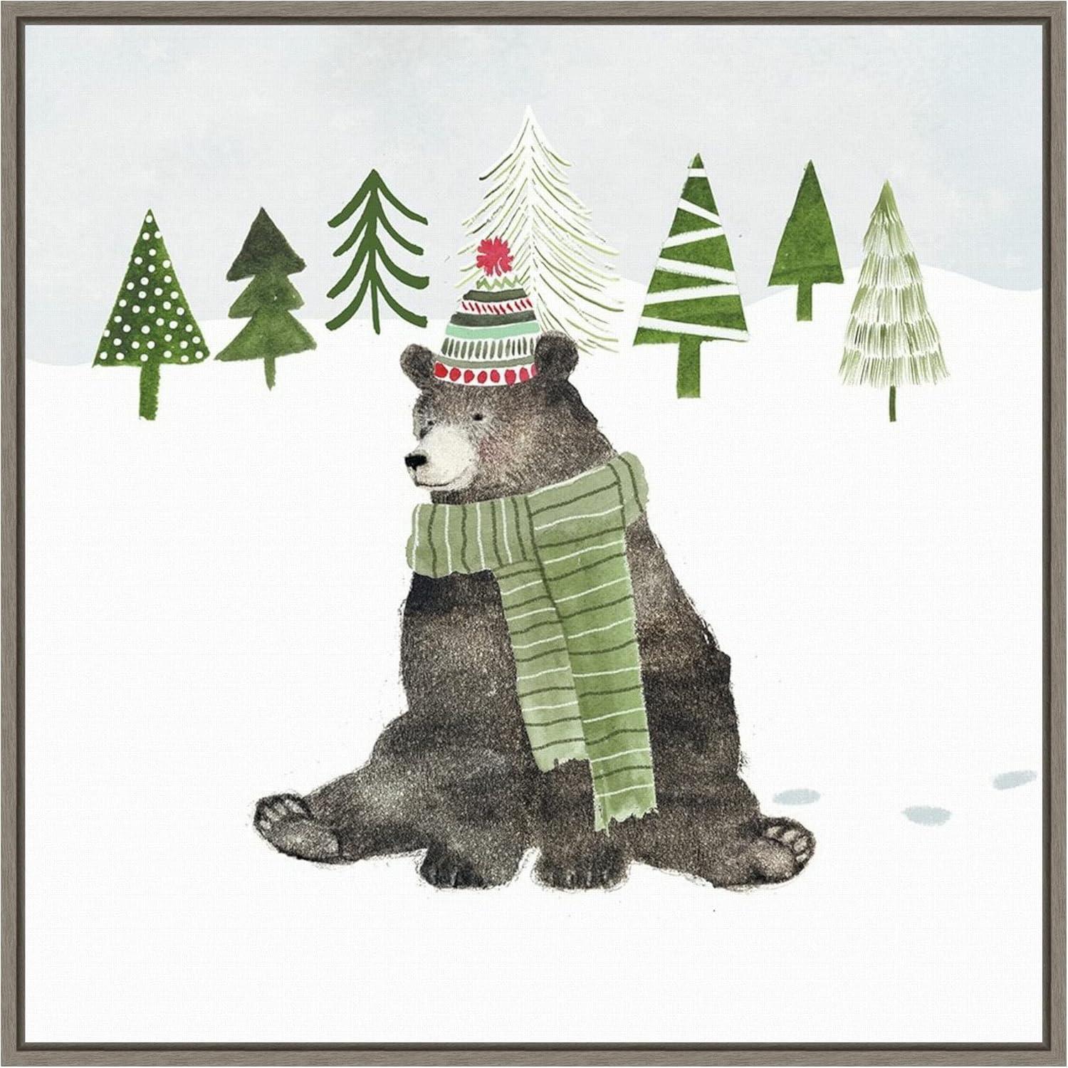 Woodland Christmas Bear Canvas Print with Grey Frame 22 x 22