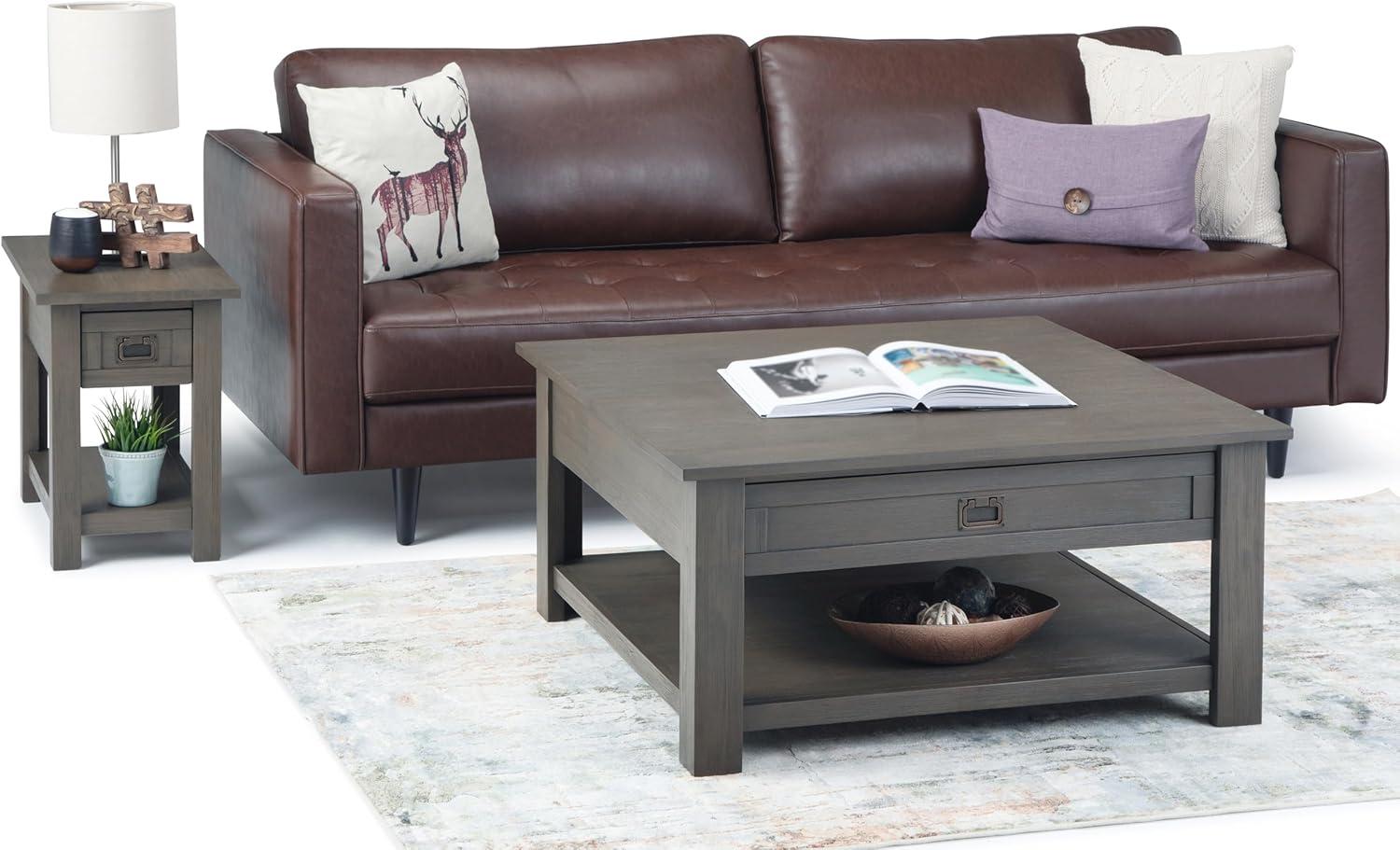 Simpli Home Monroe 38"W Solid Acacia Rustic Square Coffee Table with Large Drawer and Open Shelf