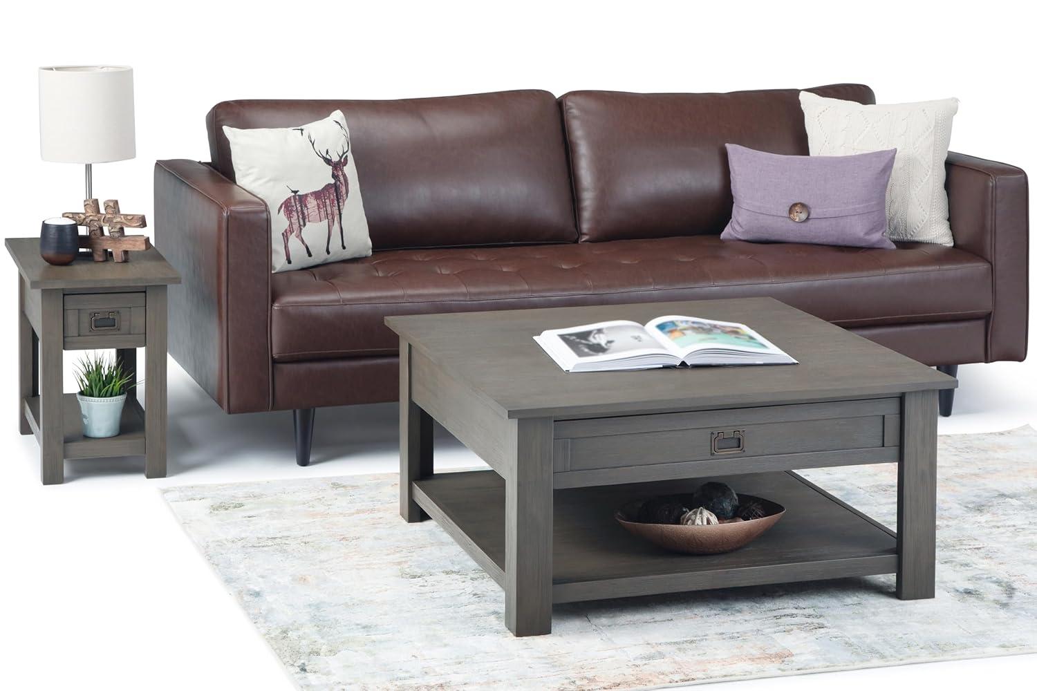 Simpli Home Monroe 38"W Solid Acacia Rustic Square Coffee Table with Large Drawer and Open Shelf