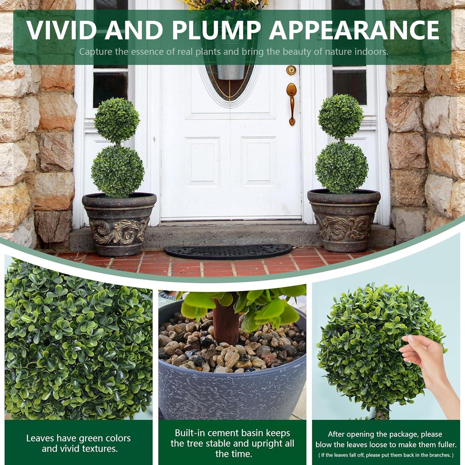 22’’ Faux Boxwood Topiary Ball Tree Set of 2, Artificial Plants Outdoor Weather Resistant, Cement-Filled Potted Bushes, Evergreen Topiary Trees Artificial for Porch Decoration Indoor Outdoor