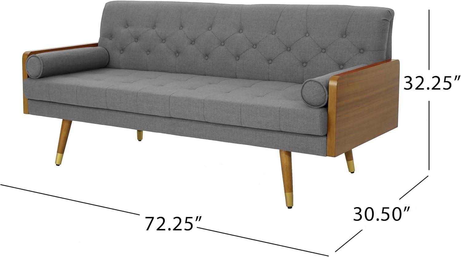 GDFStudio Aidan Mid Century Modern 72.25" Tufted Upholstered 3 Seater Sofa,Gray/Dark Walnut/Gold