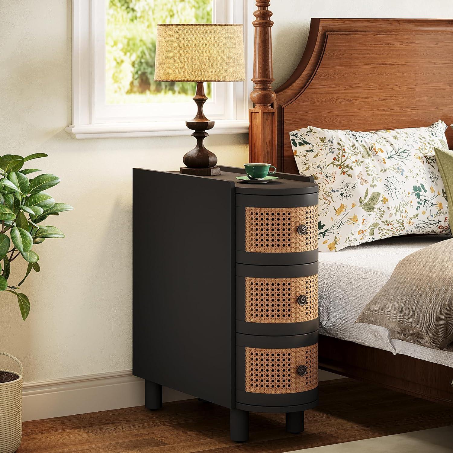 Canddidliike Wood End Table, 3-Drawer Side Table NightStand with 3 Rattan Drawers, End Table for Bedroom, Black