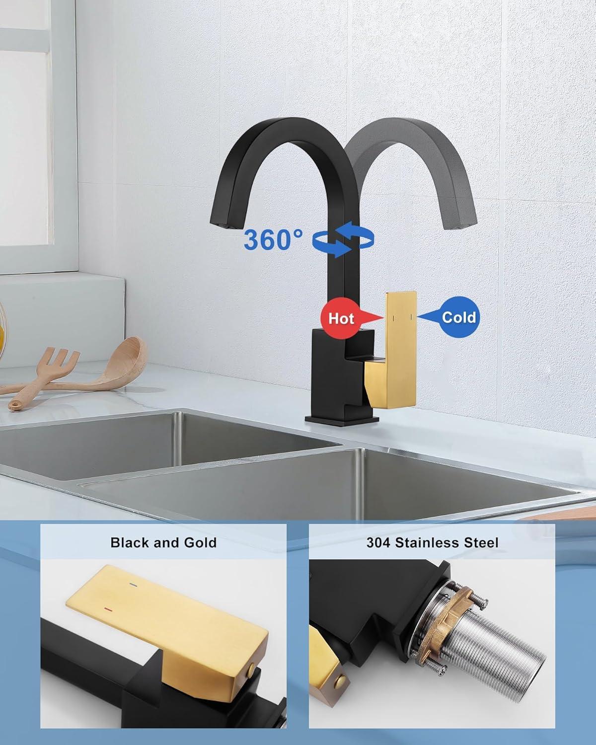 Bar Sink Faucet Black Gold, Bar Sink Faucet Single Hole, Stainless Steel Wet Bar Faucet with Single Handle for Kitchen Bathroom RV Restroom Sink, Durability Rust Square-Structured Faucet