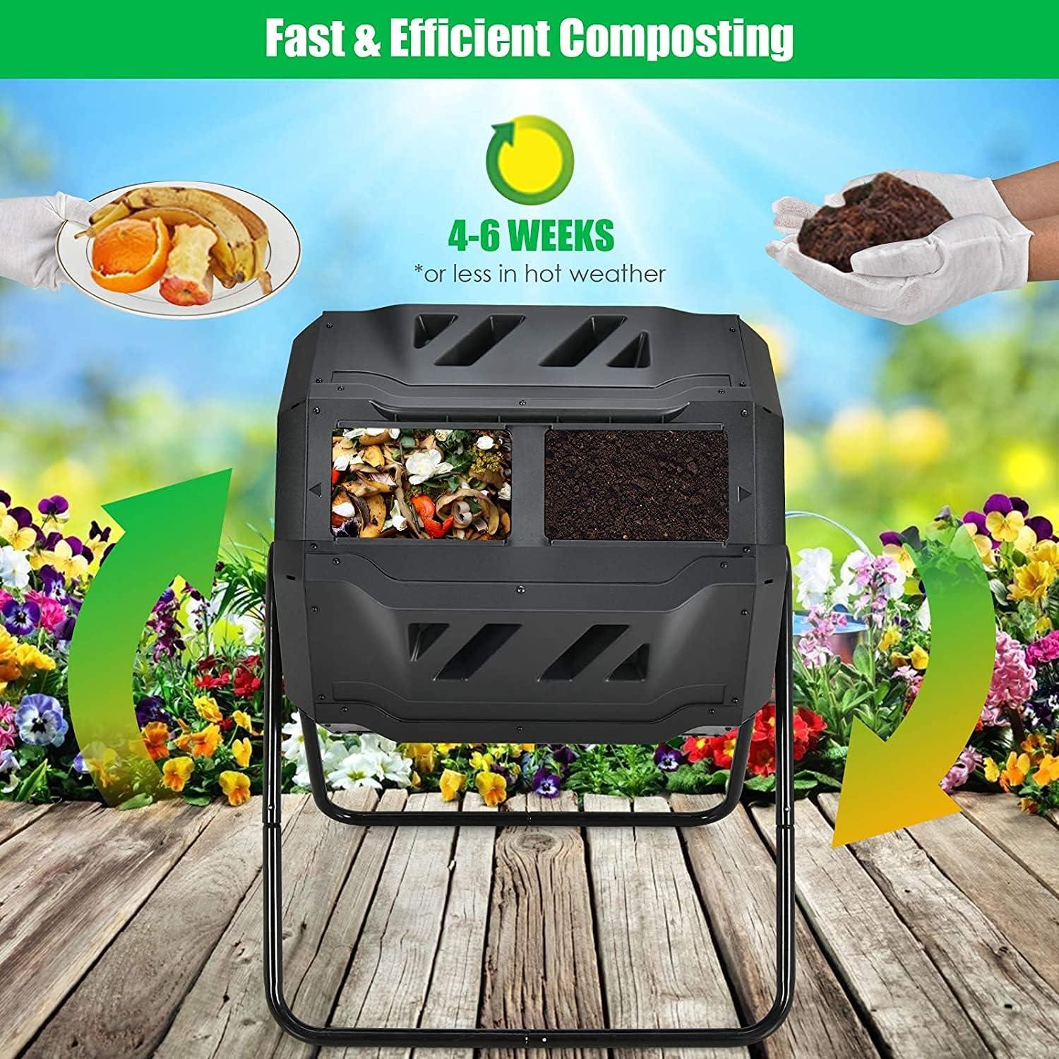 HomGarden Composting Tumbler 43gal Composter Bin W/ Dual Chamber BPA Free Black