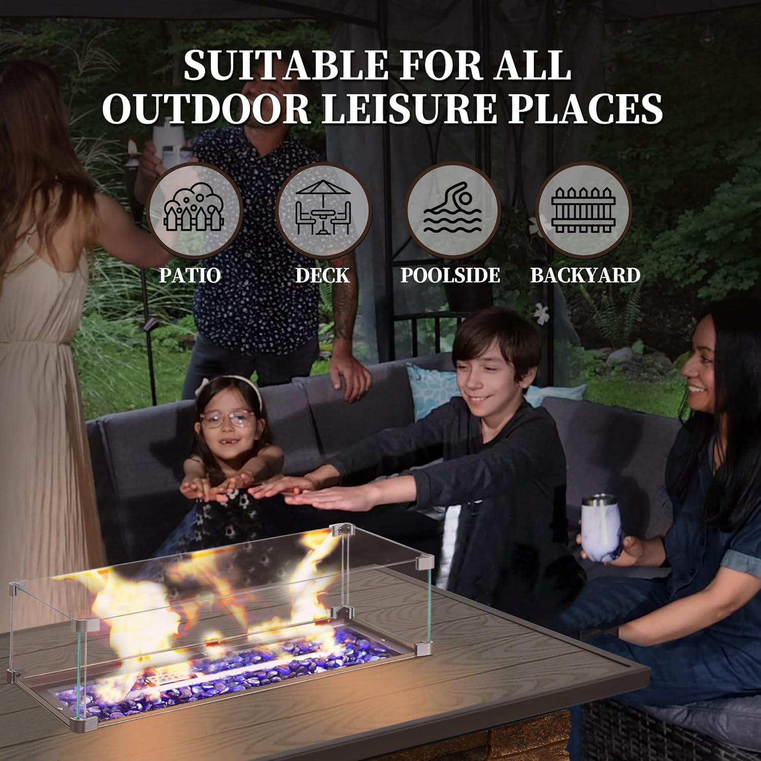 43" Propane Fire Pit Table Outdoor Stone Firepit Table Rectangular 50000 BTU Propane Fire Tables for Outside Patio with Wind Guard, Table Lid, Fire Beads, Cover,Pizzello Caldo (Buff)