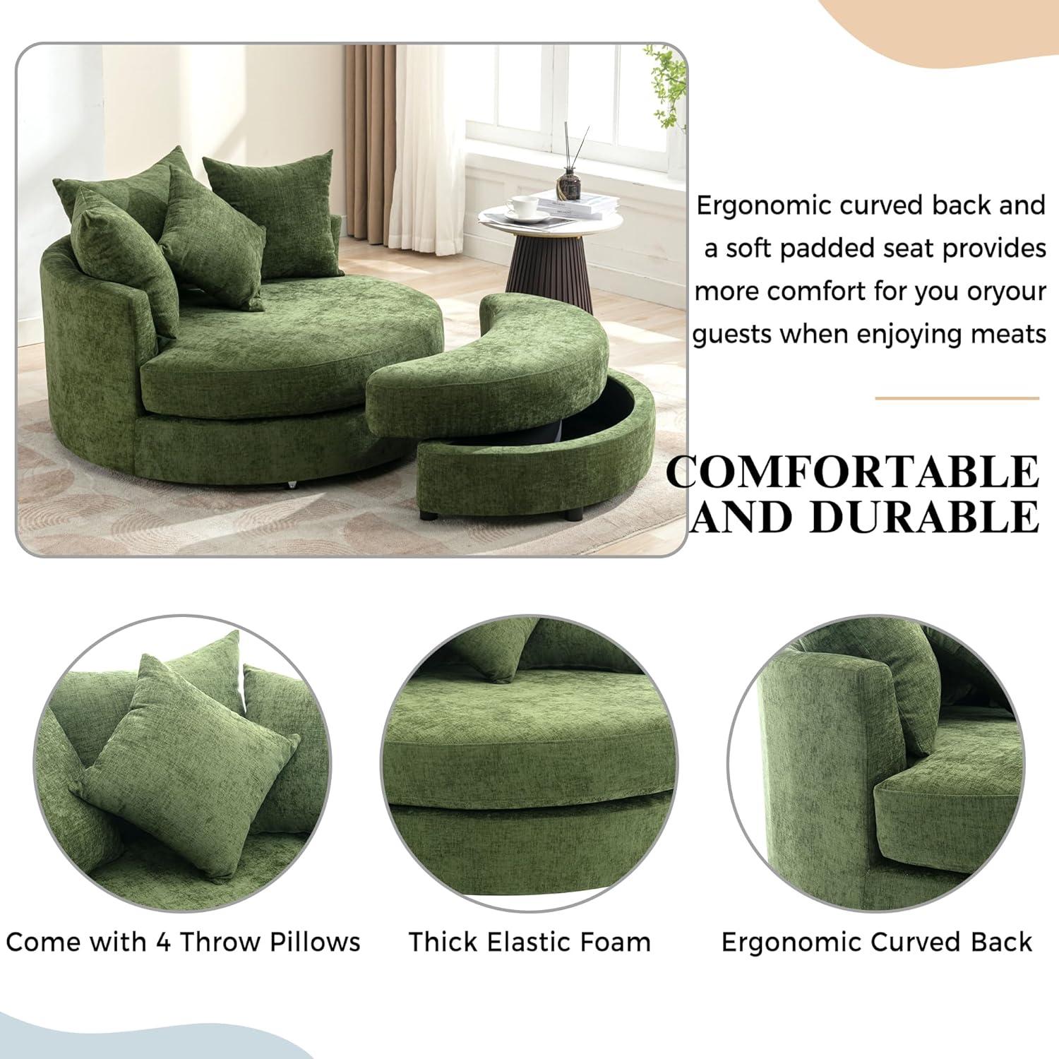DEINPPA Swivel Round Barrel Chair with Storage Ottoman and 4 Movable Pillow Backrest, 360° Round Rotating Sofa Chair for Living Room, Hotel, Bedroom, Office, Lounge (Green + Chenille+ Foam)