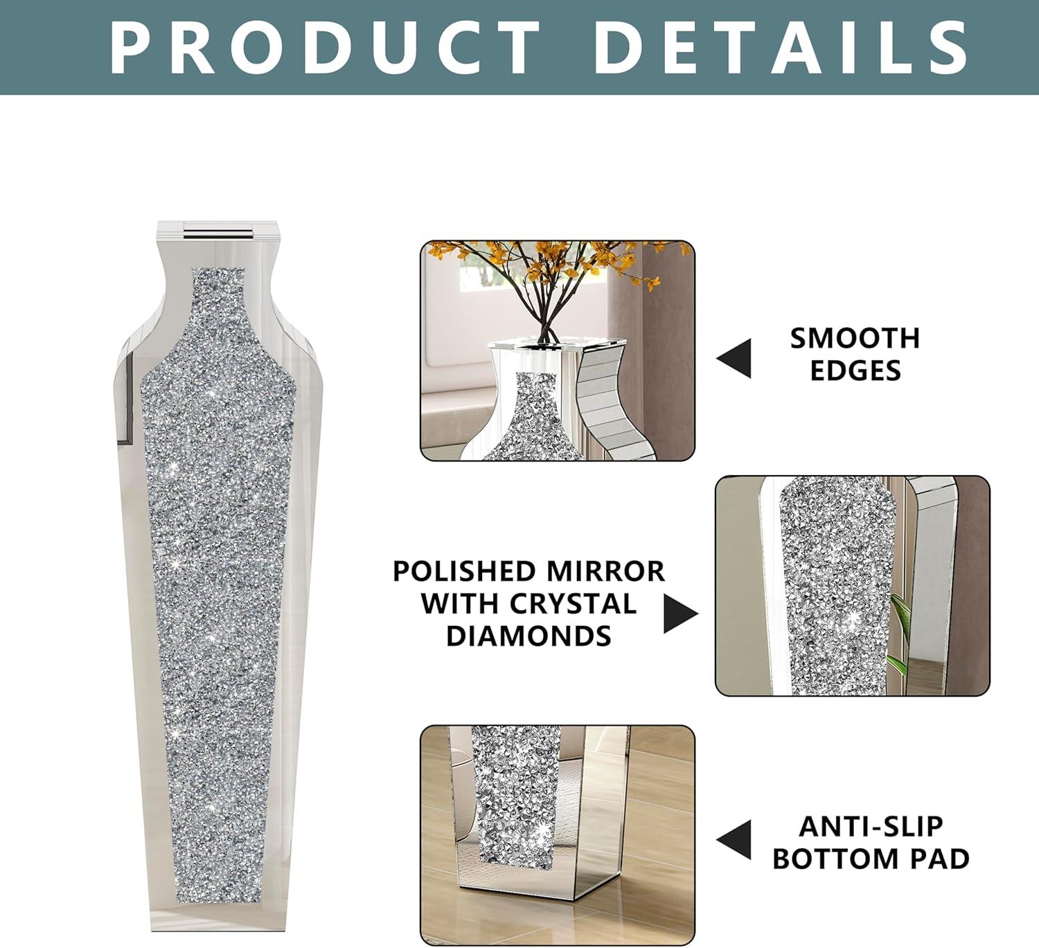 SHYFOY 18" Silver Floor Vase Crushed Diamond Mirrored Vase for Decor Living Room Floor, Crystal Mirrored Luxury Container for Dried Flower Arrangements Decor, Can’t Hold Water