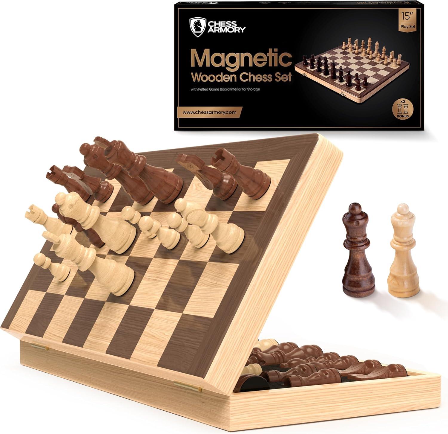 Chess Armory 15" Magnetic Wooden Chess Set with Extra Queens & Storage Box - Perfect for Adults & Kids