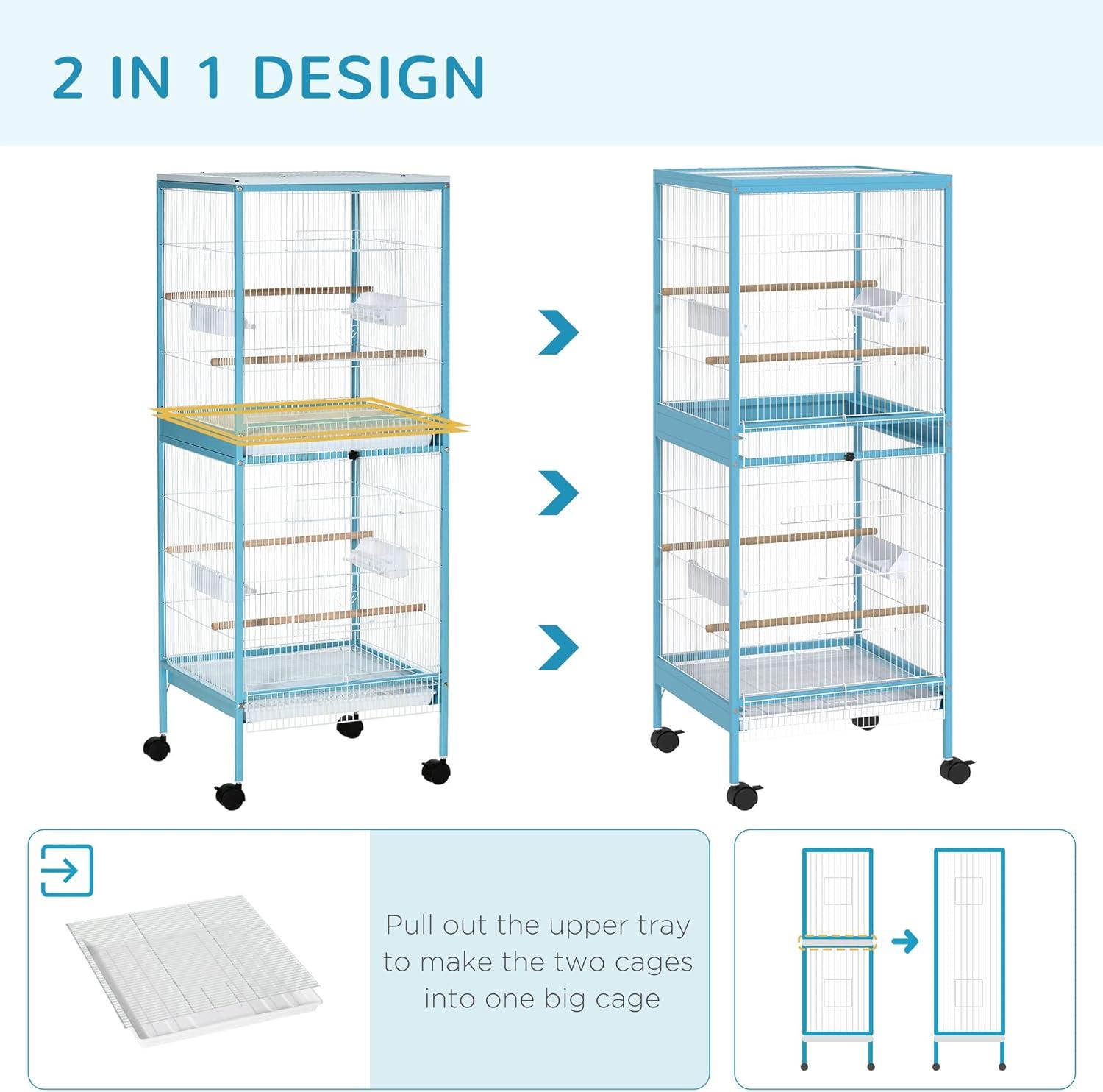 PawHut 55" 2 In 1 Bird Cage Aviary Parakeet House for finches, budgies with Wheels, Slide-out Trays, Wood Perch, Food Containers