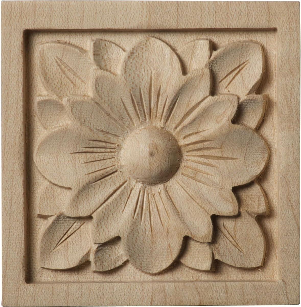 Ekena Millwork ROS03X03X00DGMA-CASE-4 Small Dogwood Flower Square Rosette, 3"W x 3"H x 5/8"P, Maple, 4 Pack