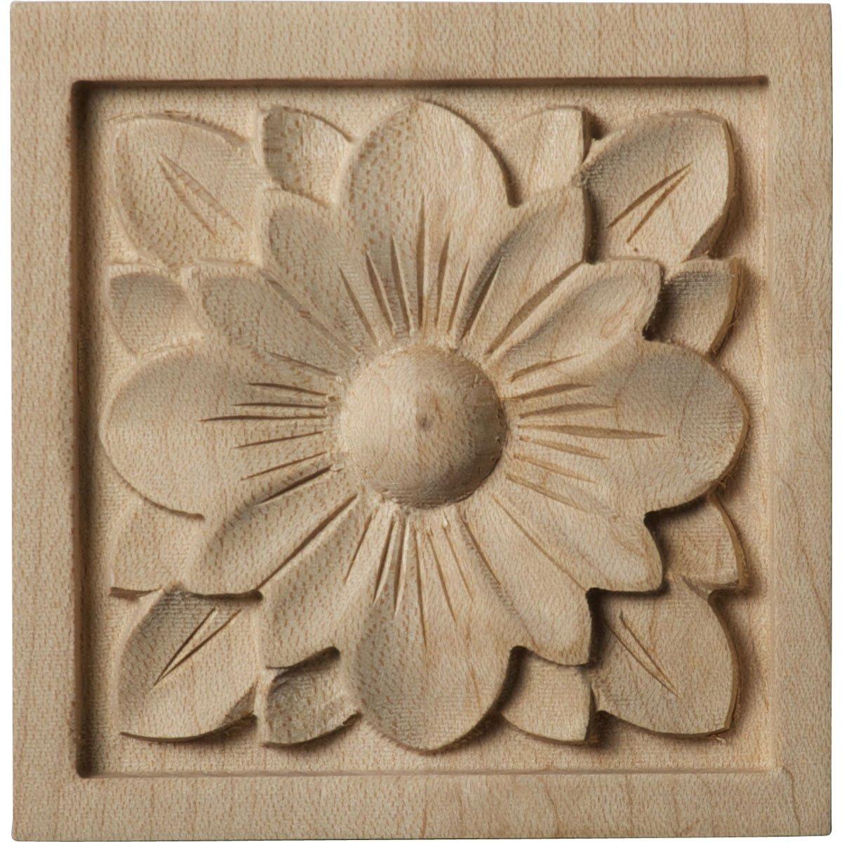 Ekena Millwork ROS03X03X00DGMA-CASE-4 Small Dogwood Flower Square Rosette, 3"W x 3"H x 5/8"P, Maple, 4 Pack