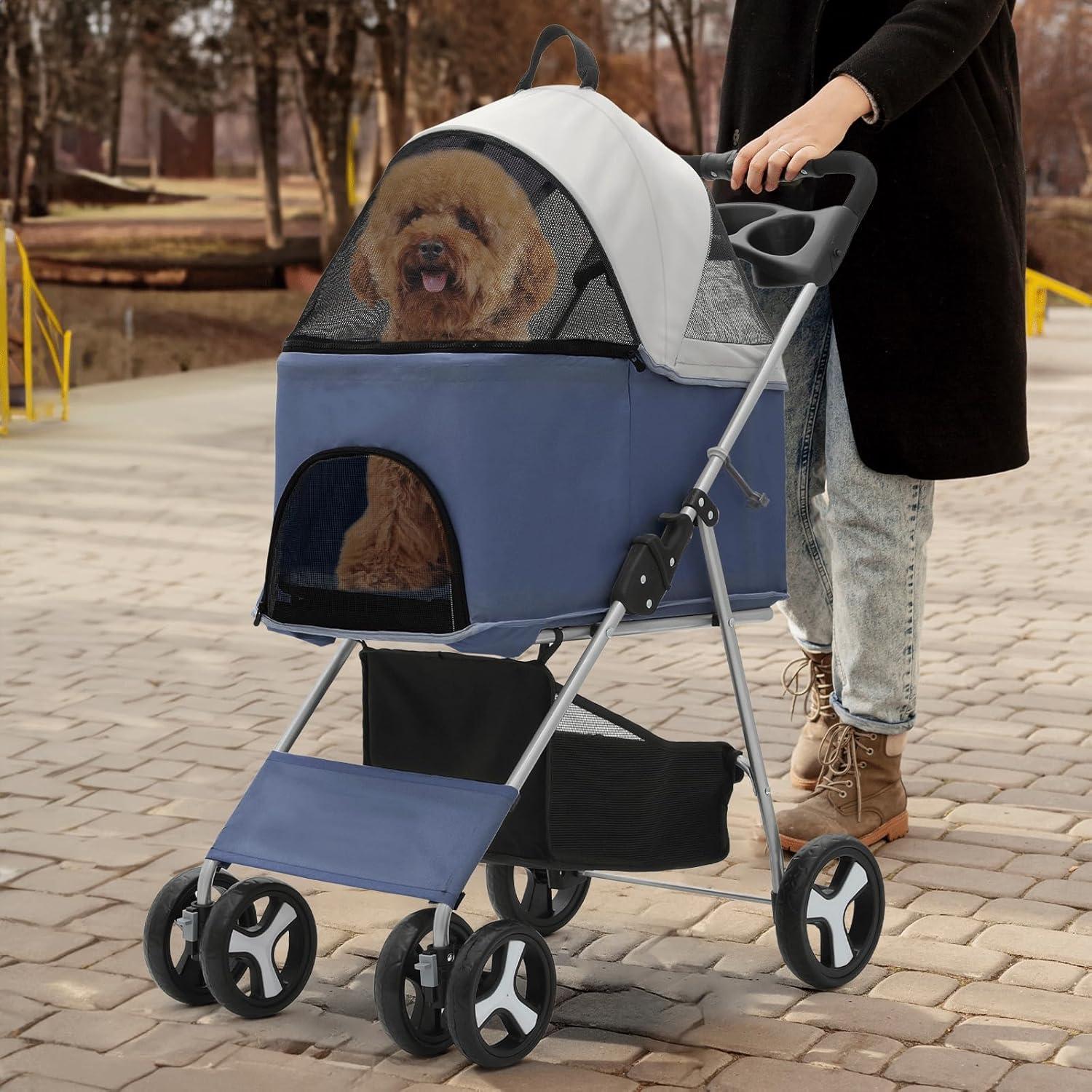 MoNiBloom 4 Wheel Foldable Dog Pet Stroller with Cup Holder, Navy Blue