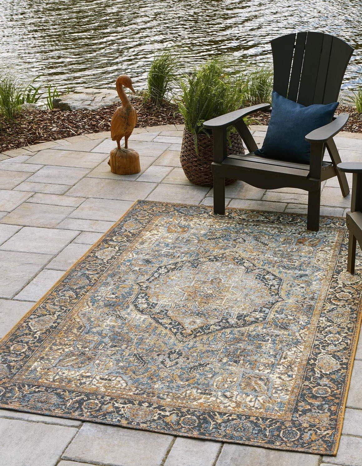 Blue and Beige 8' x 10' Outdoor Stain-Resistant Area Rug