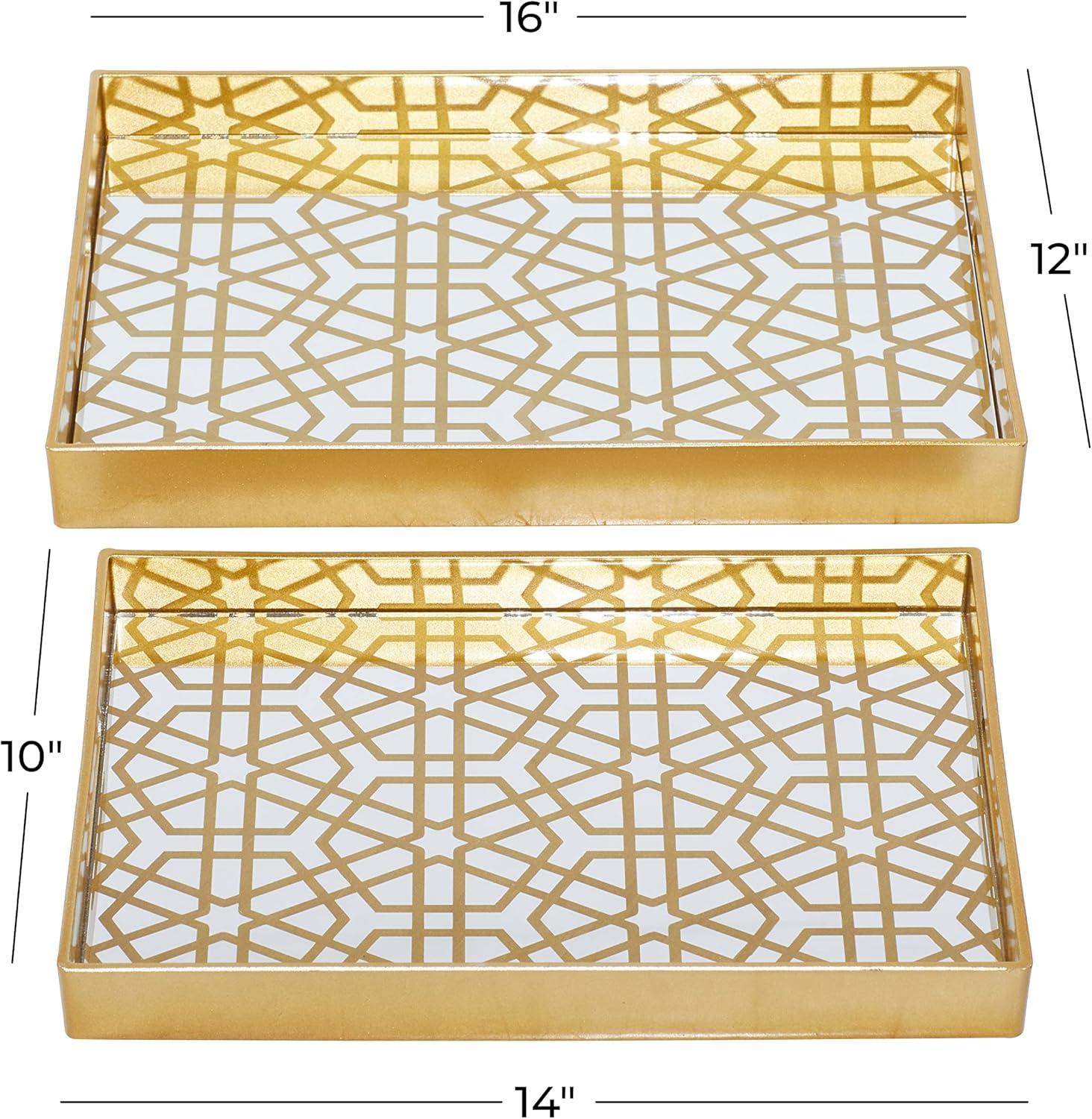 Gold Geometric Mirrored Glass Tray Set, 14" and 16"