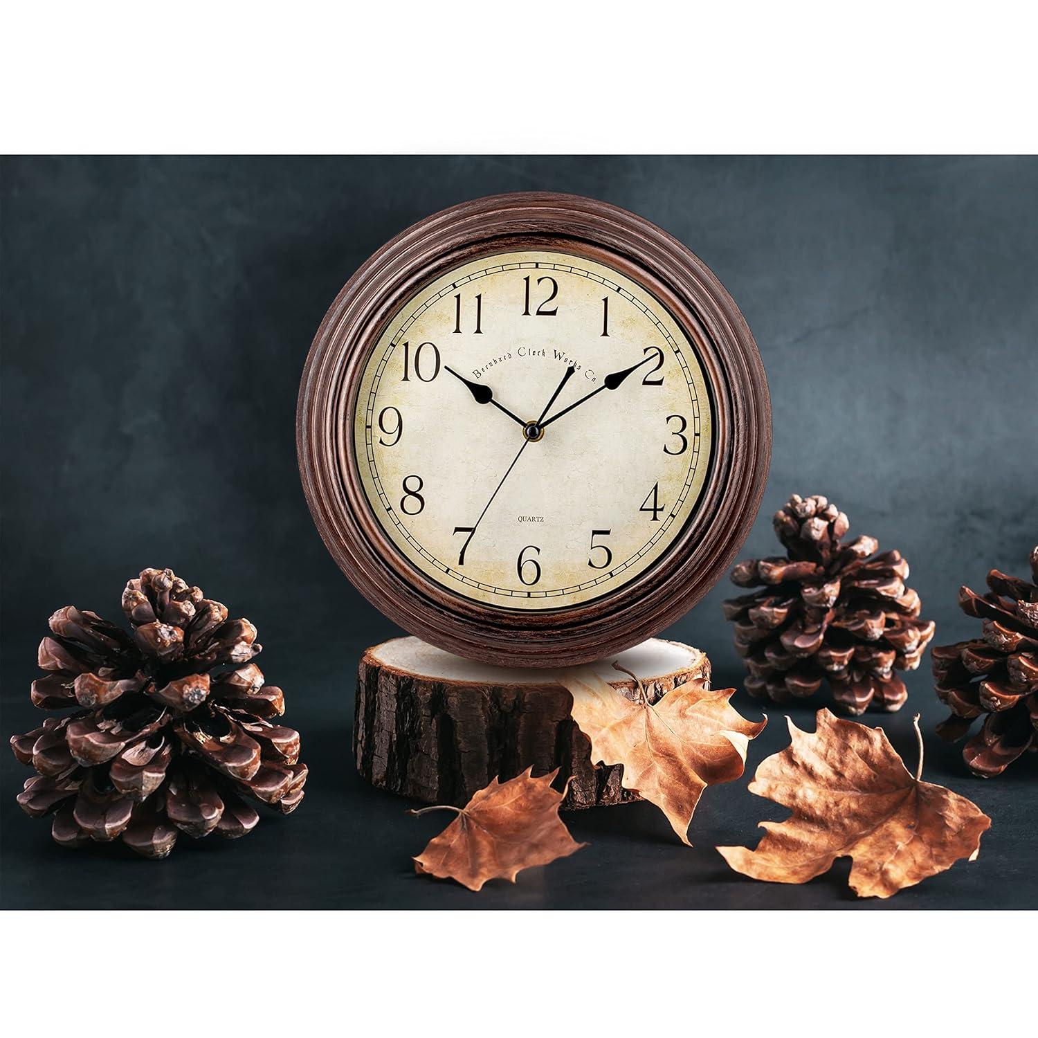 Bernhard Products Vintage Wall Clock Silent Non Ticking - 12 Inch Quality Quartz Battery Operated Decorative Brown Clock for Home Kitchen Living/Dining Room Office Decor, Easy to Read, Rustic Bronze