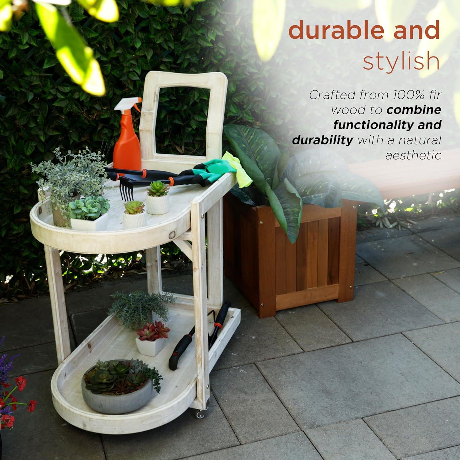 Alpine Corporation MBB174 Wood 2-Tier Rolling Storage Cart for Books, Plants, Decor, Rustic Storage Push Cart with 2 Shelves