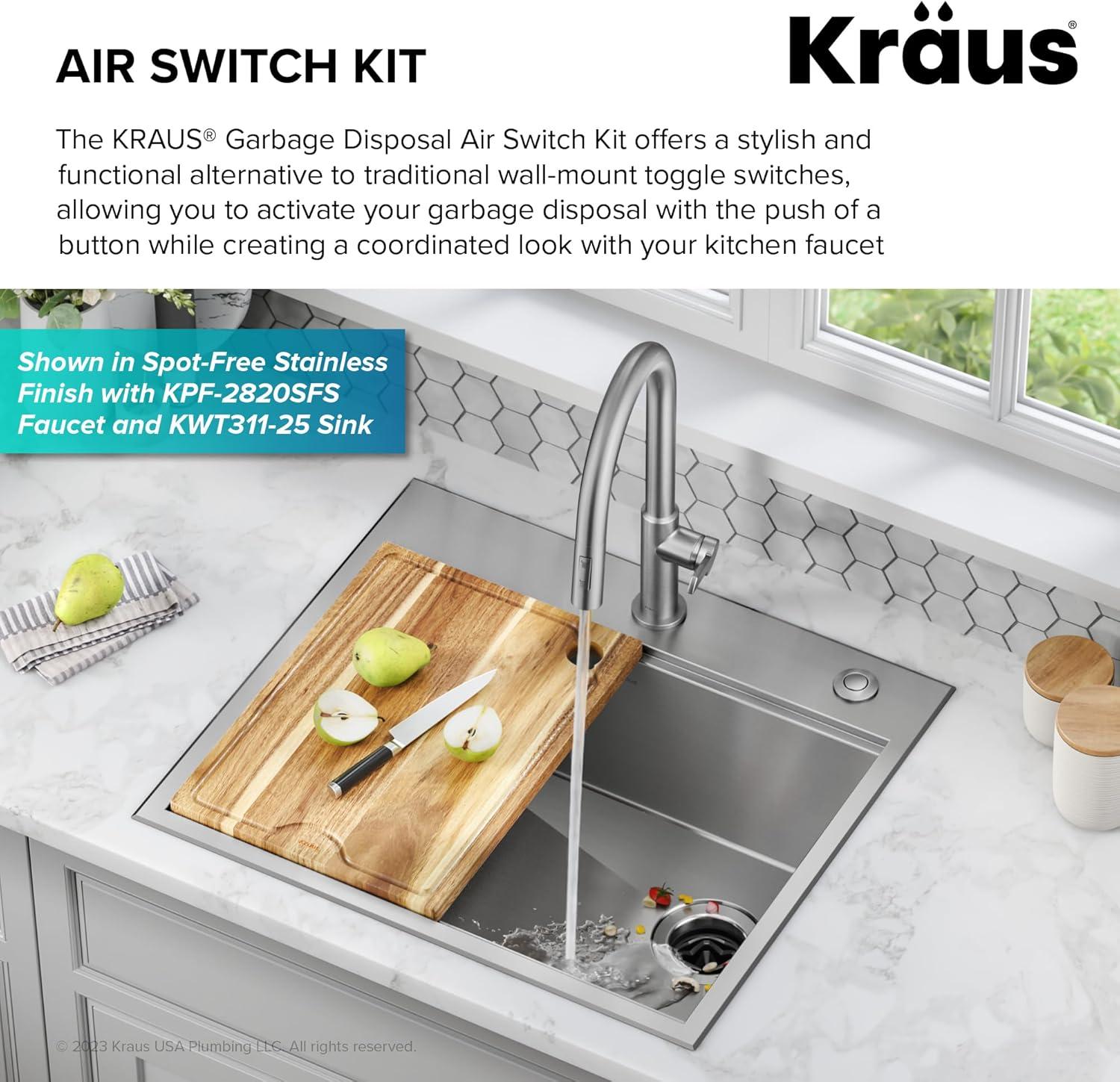 KRAUS Garbage Disposal Air Switch Kit with Push Button, AC Adapter, Power Cord, and Air Tube Included