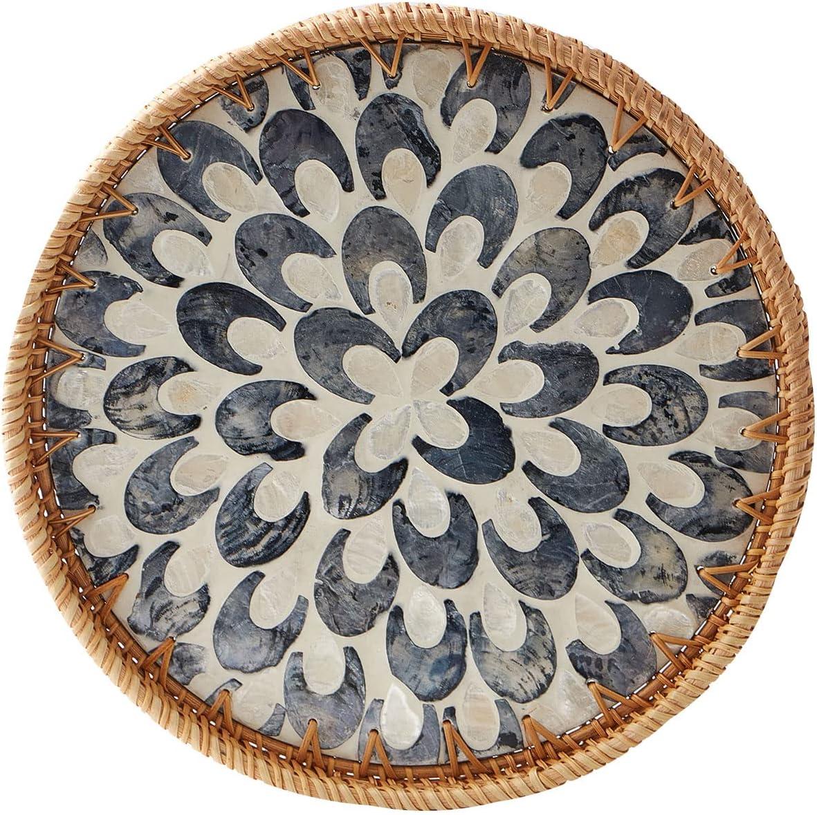 Bayou Breeze Round Rattan Tray With Mother Of Pearl Inlay, Rattan Serving Tray With Wooden Base, Decorative Wicker Basket For Table Decor, Storage And Display Of Coffee Bread Food Fruit