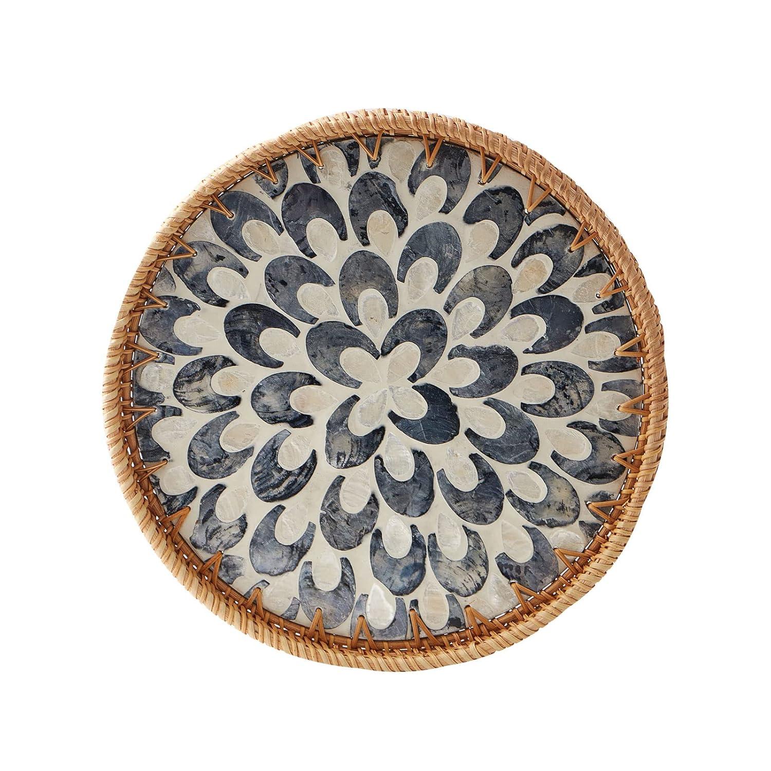 Bayou Breeze Round Rattan Tray With Mother Of Pearl Inlay, Rattan Serving Tray With Wooden Base, Decorative Wicker Basket For Table Decor, Storage And Display Of Coffee Bread Food Fruit