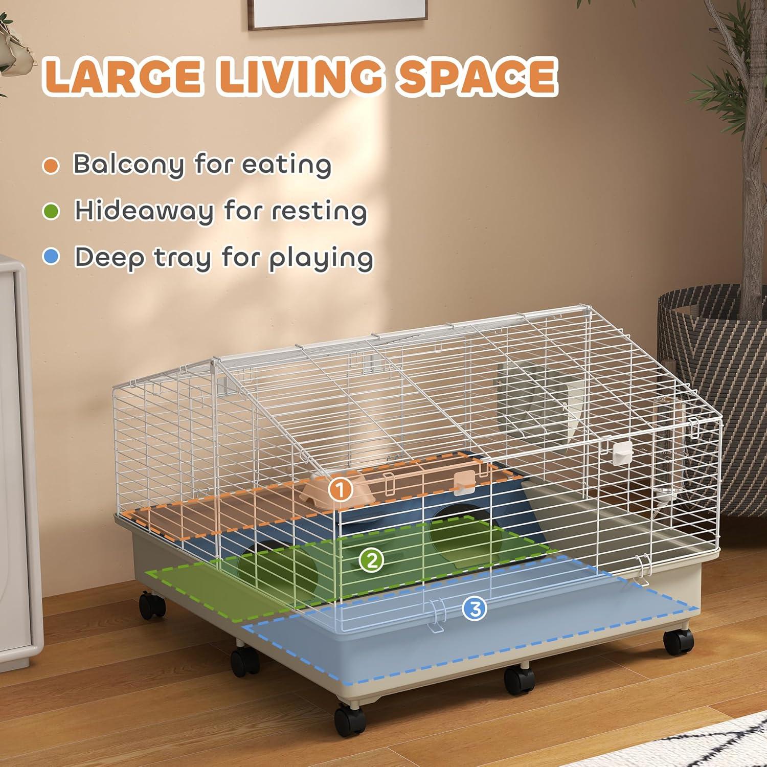 PawHut Small Animal Cage, Rolling Guinea Pig Cage with Water Bottle, Hay Feeder, Food Dish, Ramp, for Rabbits, Hedgehogs, 35" x 35" x 25", White