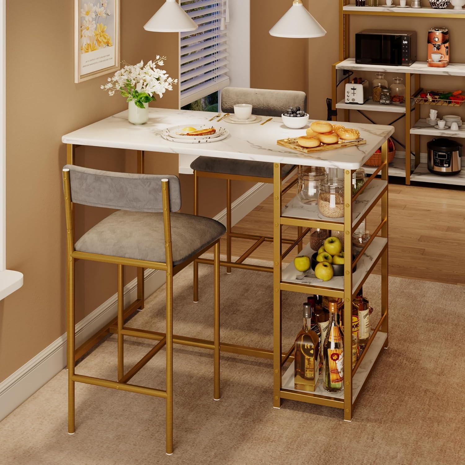 Gold and Gray 3-Piece Dining Set with Storage Shelves