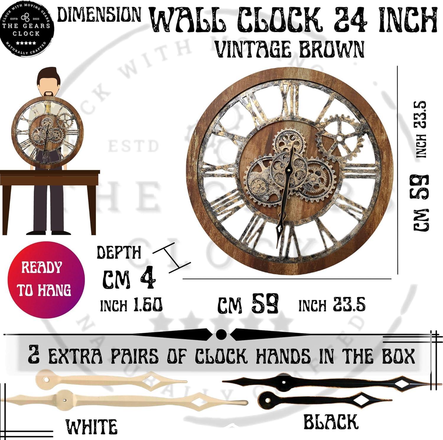 Wall Clock 24" Round Oversized for Living Room decor with Real Moving Gears America Collection