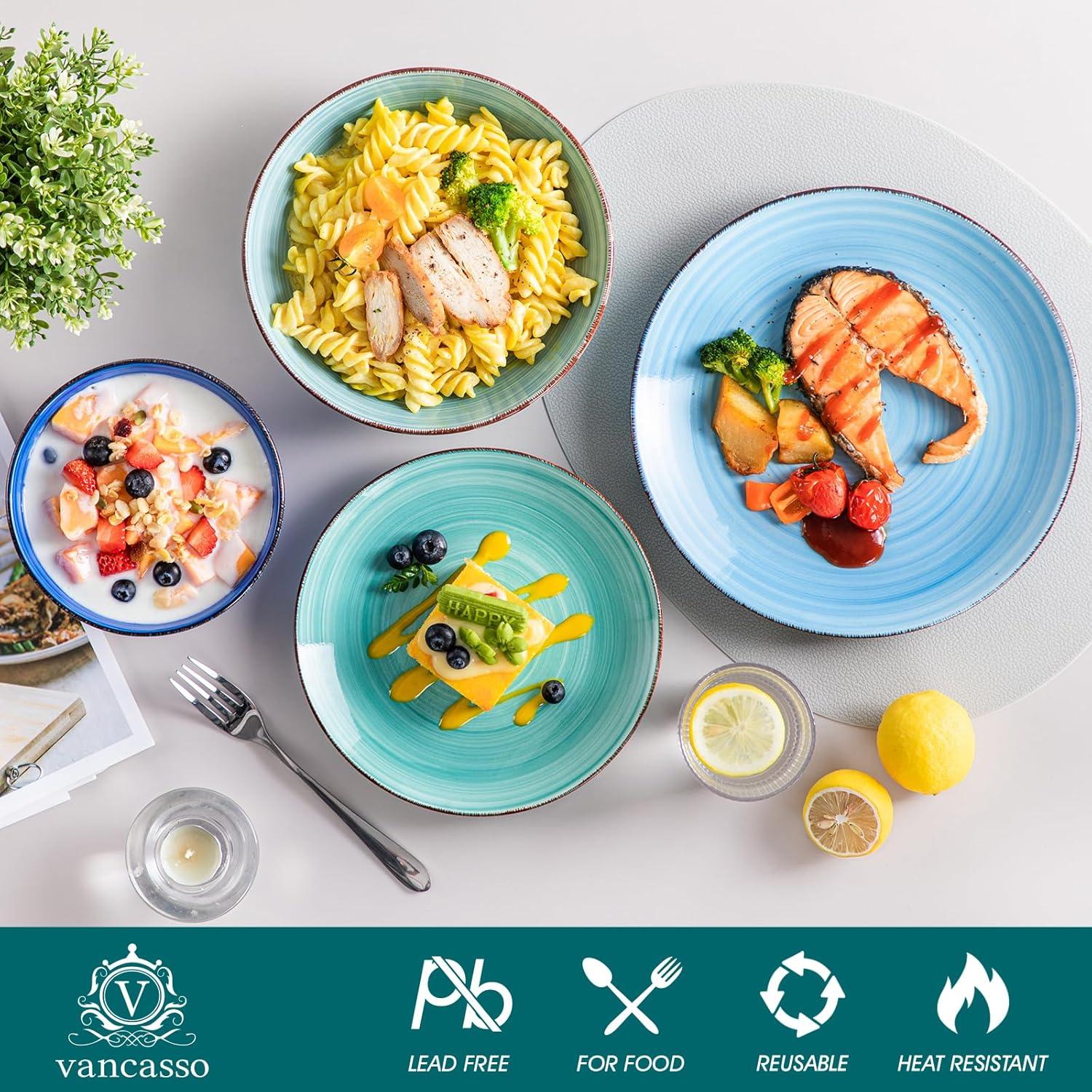 vancasso Bonita Dinnerware Set Blue Stoneware 24 Pieces Service for 6, Handpainted Spirals Pattern Stoneware Combination Set