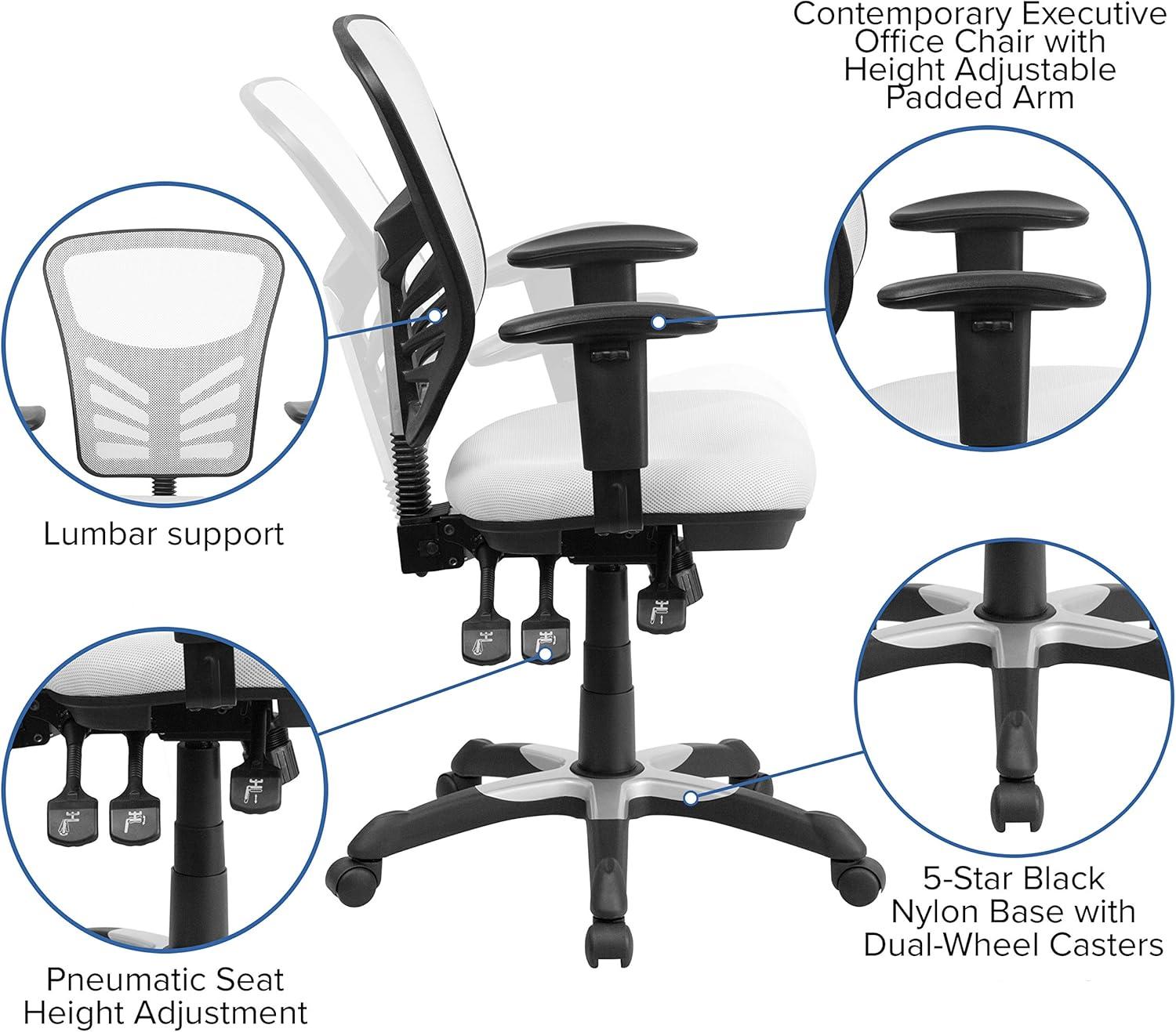 Flash Furniture Mid-Back White Mesh Multifunction Executive Swivel Ergonomic Office Chair with Adjustable Arms