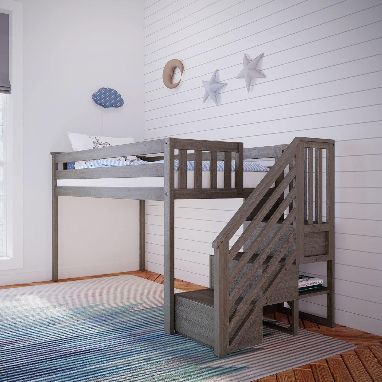 Max & Lily Solid Wood Twin Loft Bed with Stairs, Solid Wood Loft Beds with Ladder for Kids, Clay