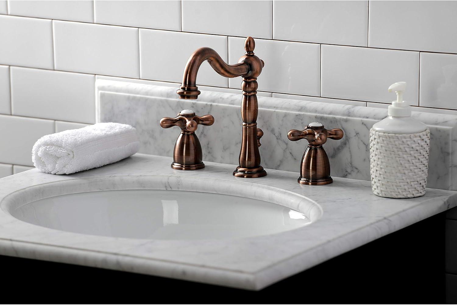 Kingston Brass Heritage Two-Handle 3-Hole Deck Mount Widespread Bathroom Faucet with Pop-Up Drain