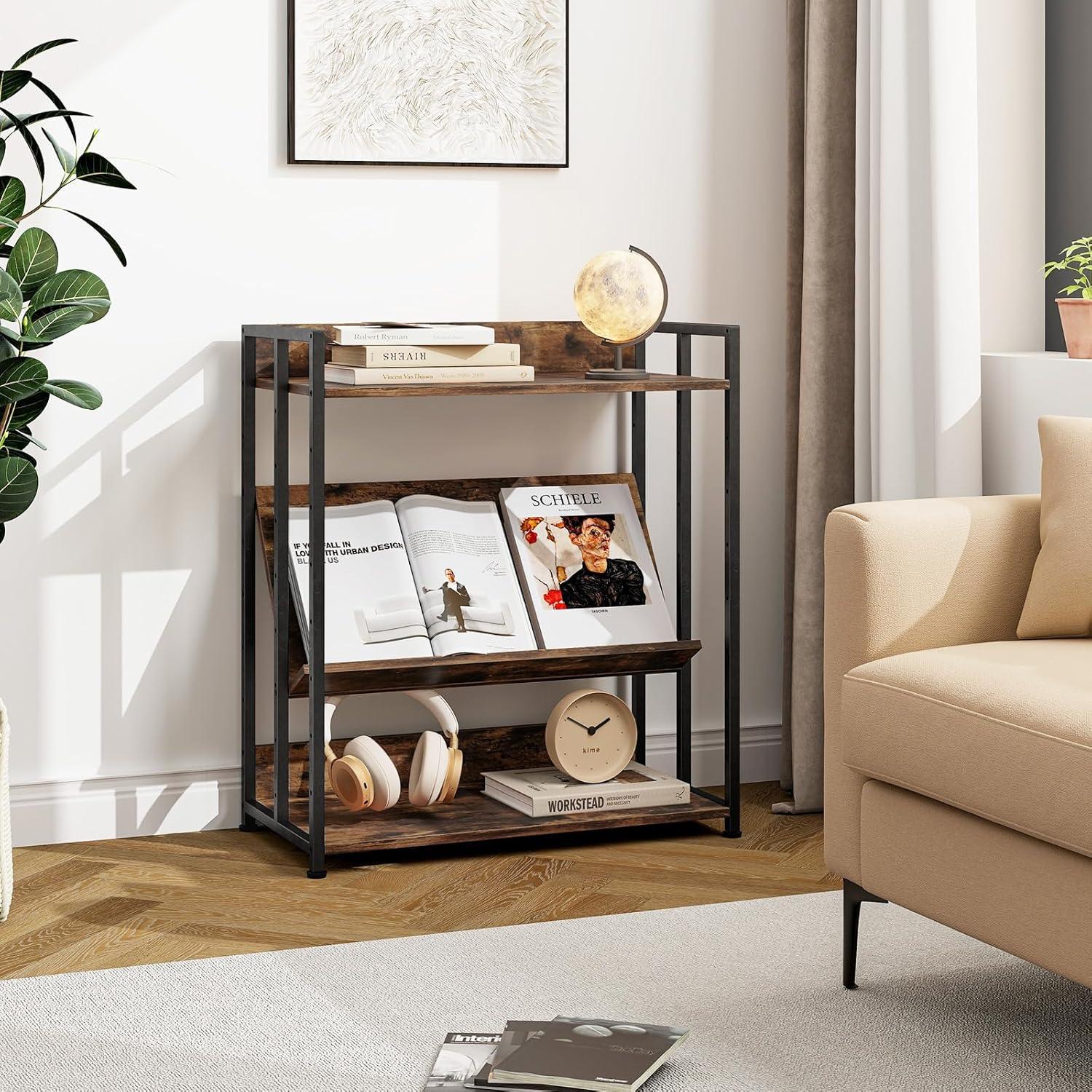 Industrial Black Metal 3-Tier Adjustable Bookshelf