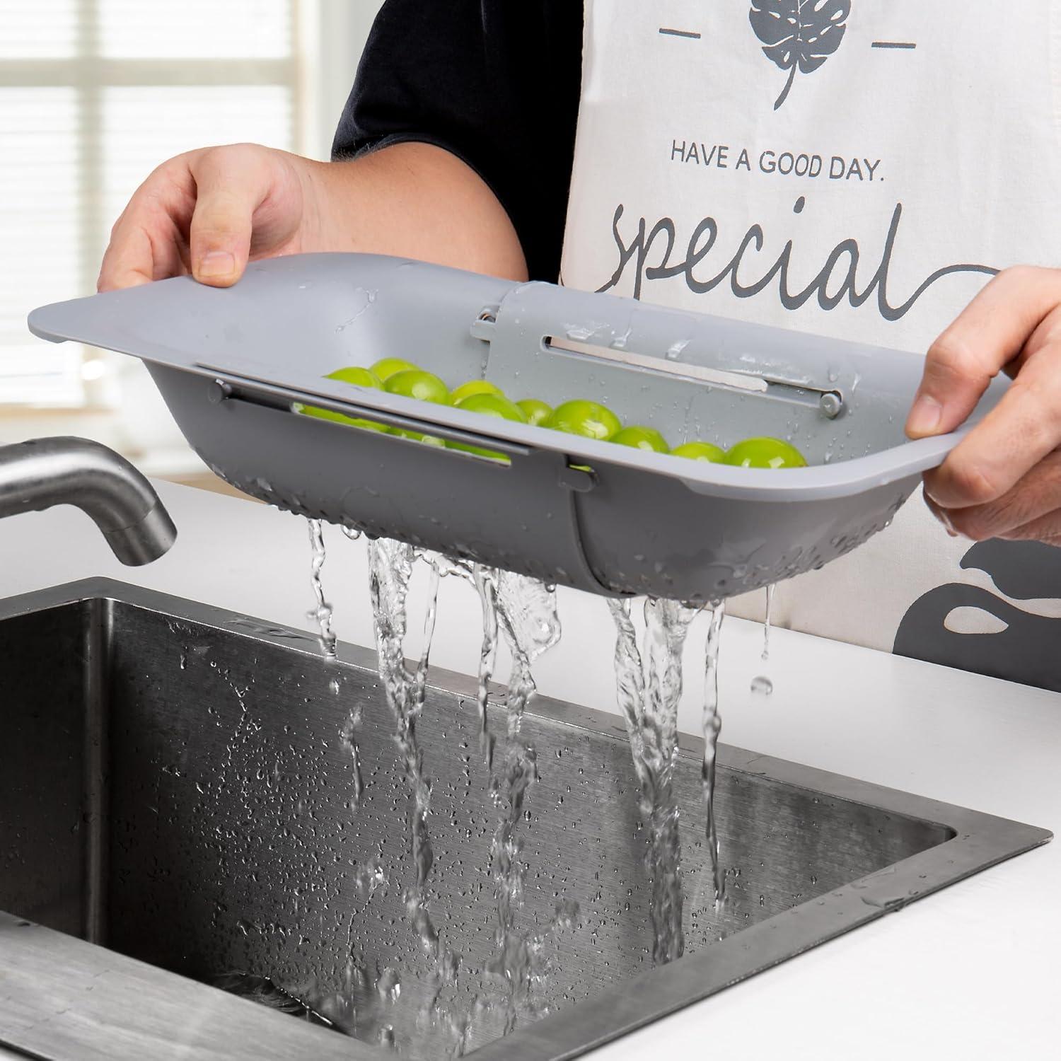 WANDCO Over the Sink Colander Strainer Basket - Wash Vegetables and Fruits, Drain Cooked Pasta and Dry Dishes - Extendable - New Home Kitchen Essentials (7.9W x 14-19L x 2.75H) - White