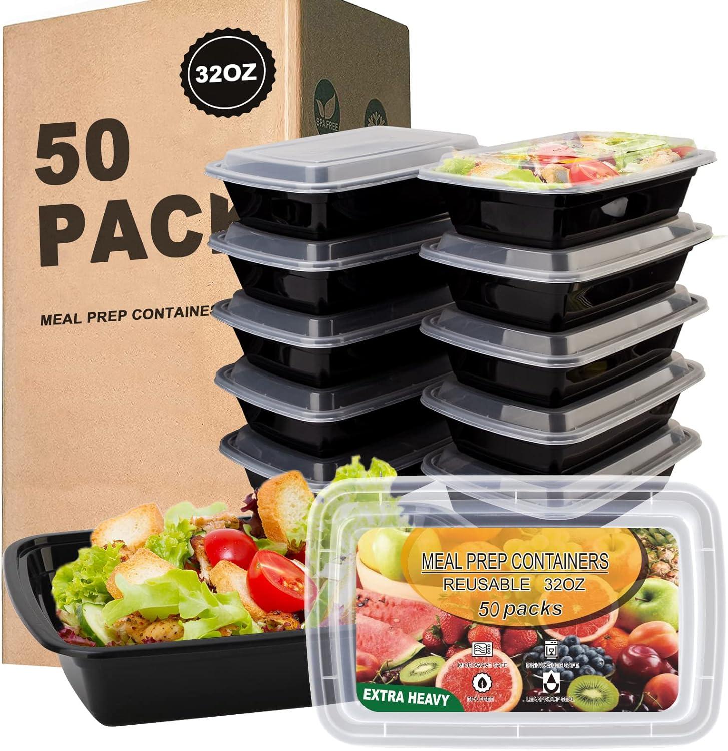 Diska NuLife 32oz Rectangular Food Container 50 Set | Black PP Polypropylene Containers With Lids For Storage | Microwave & Freezer Safe | Eco-Friendly, BPA-Free