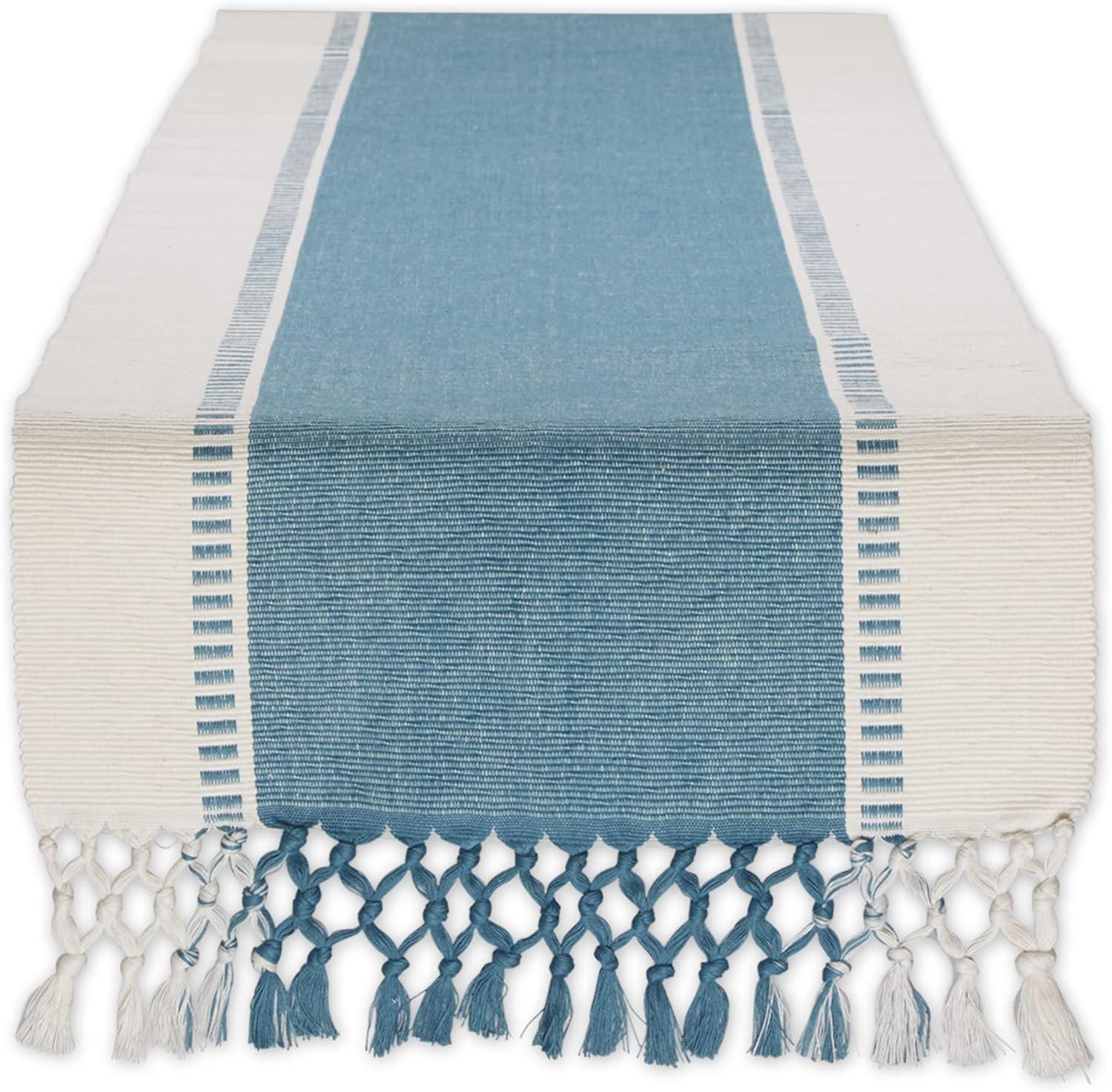 Storm Blue and White Cotton Table Runner with Fringe, 13x108