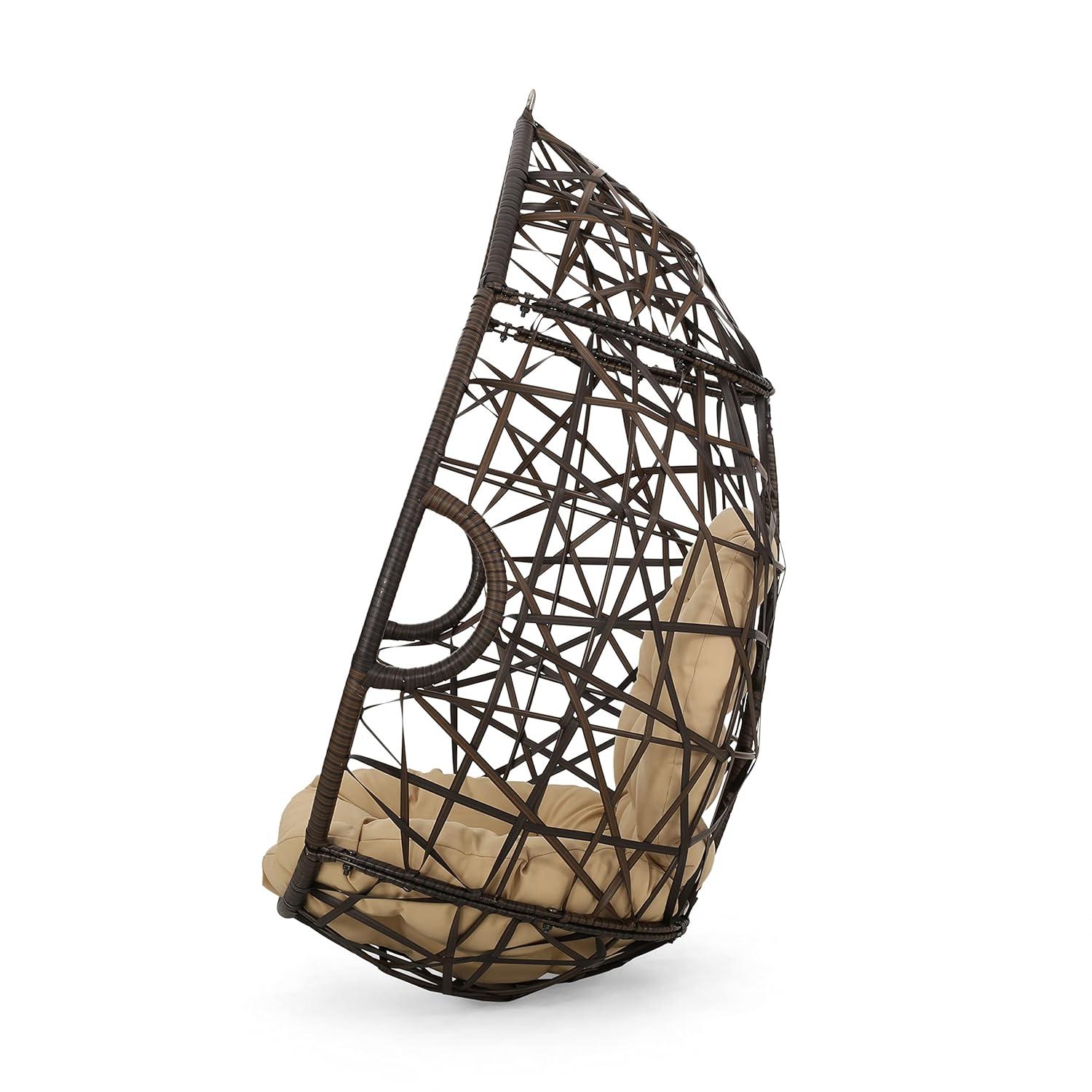 Cayuse Wicker Tear Drop Hanging Chair - Brown/Tan - Christopher Knight Home: Outdoor Patio Swing with Cushion