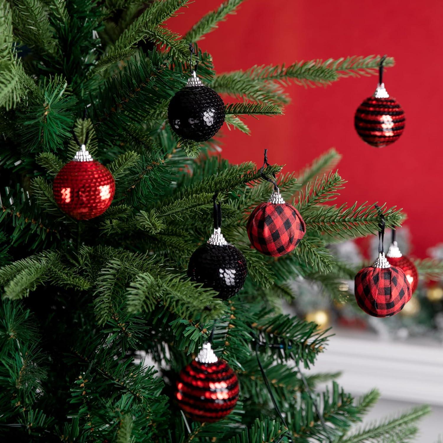12pcs Black and Red Sequin Balls,1.96" Christmas Buffalo Plaid Hanging Balls,Shatterproof Xmas Checkered Tree Ornaments for Party Home Decor
