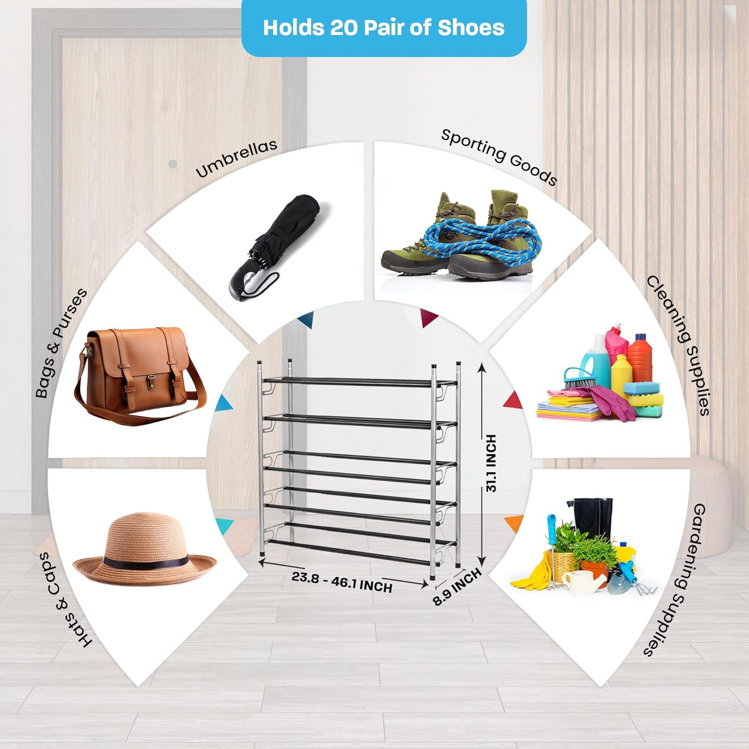 Expandable 5-Tier Silver Metal Shoe Rack