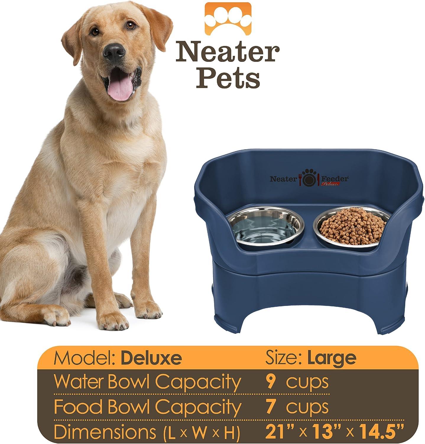 Neater Feeder - Deluxe Model - Mess-Proof Dog Bowls (Large, Dark Blue) - Made in USA - Elevated, No Spill, Non-Tip, Non-Slip, Raised Stainless Steel Food & Water Pet Bowls